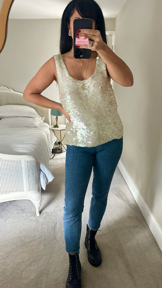 Frank usher vintage iridescent sequin cream multicolour party event top UK 14 vgc XMS25