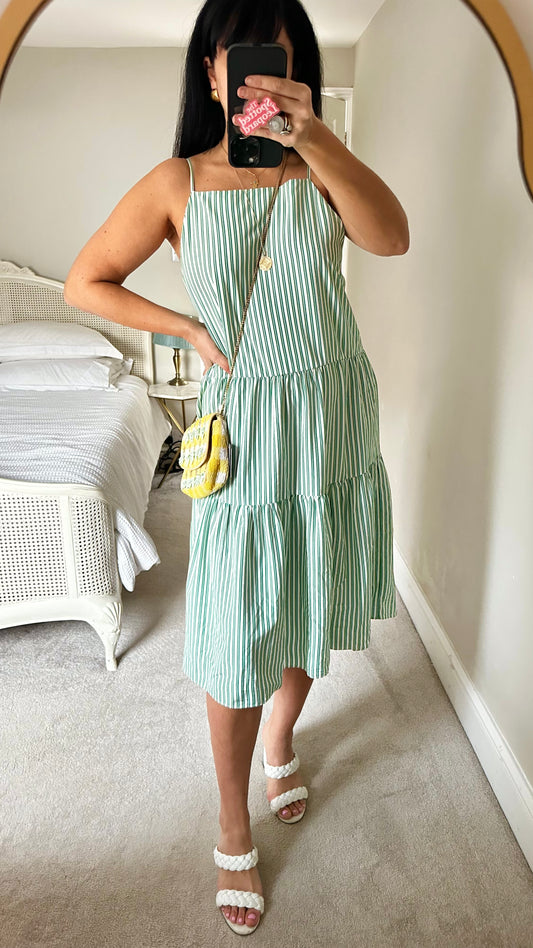 & other stories light green white stripe holiday dress medium UK 12 vgc tiered