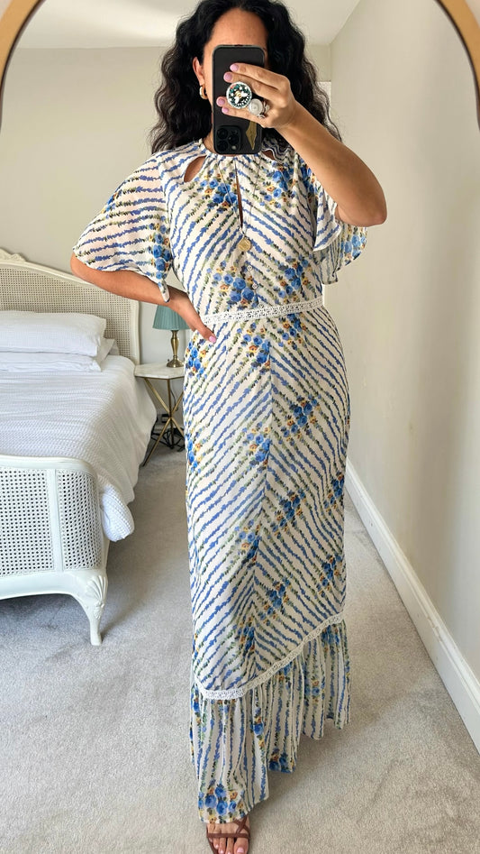 Hope & Ivy blue green floral print maxi dress wedding guest large L UK 12 as new condition