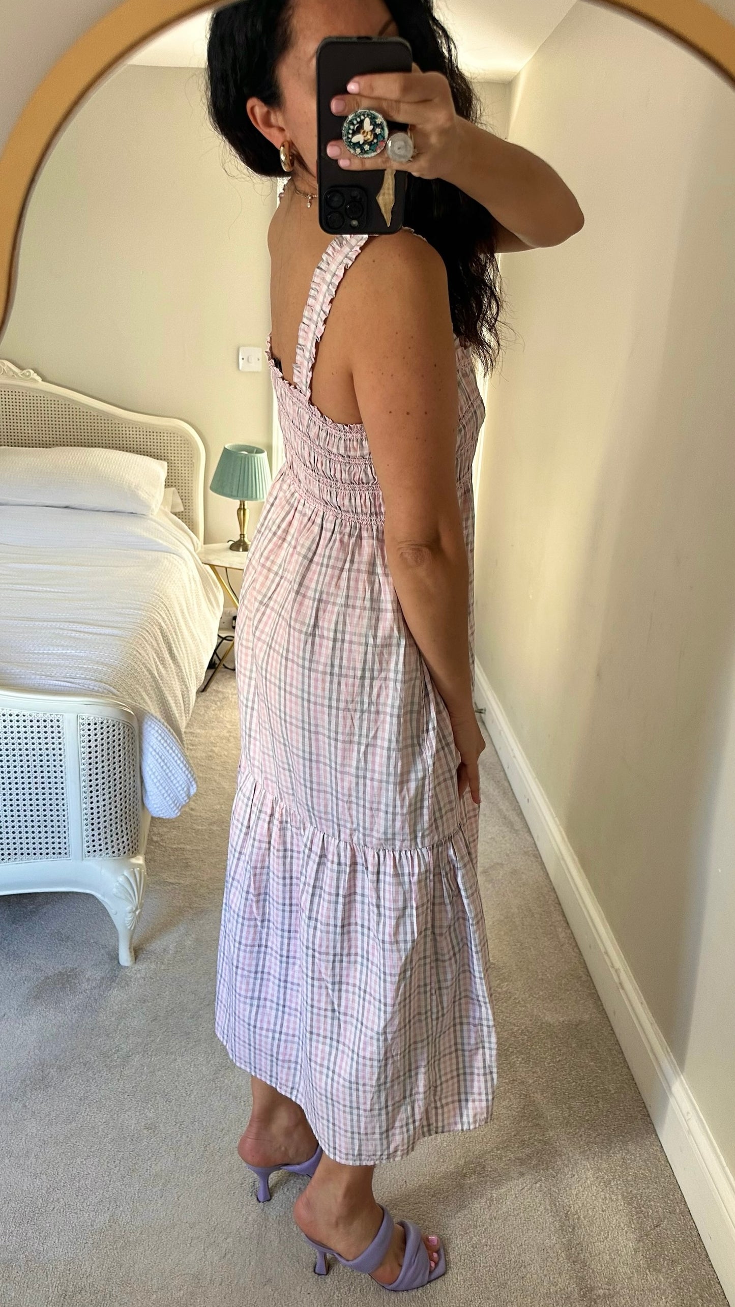 French connection pink beige gingham tiered hem maxi dress medium large L UK 10-12