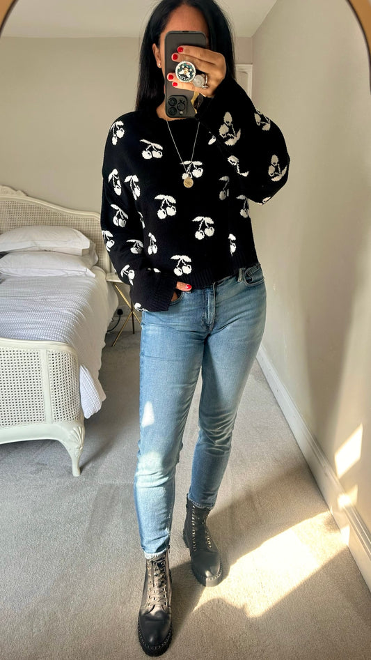 Asos black white cherry print knitted jumper medium UK 10-12 vgc w25