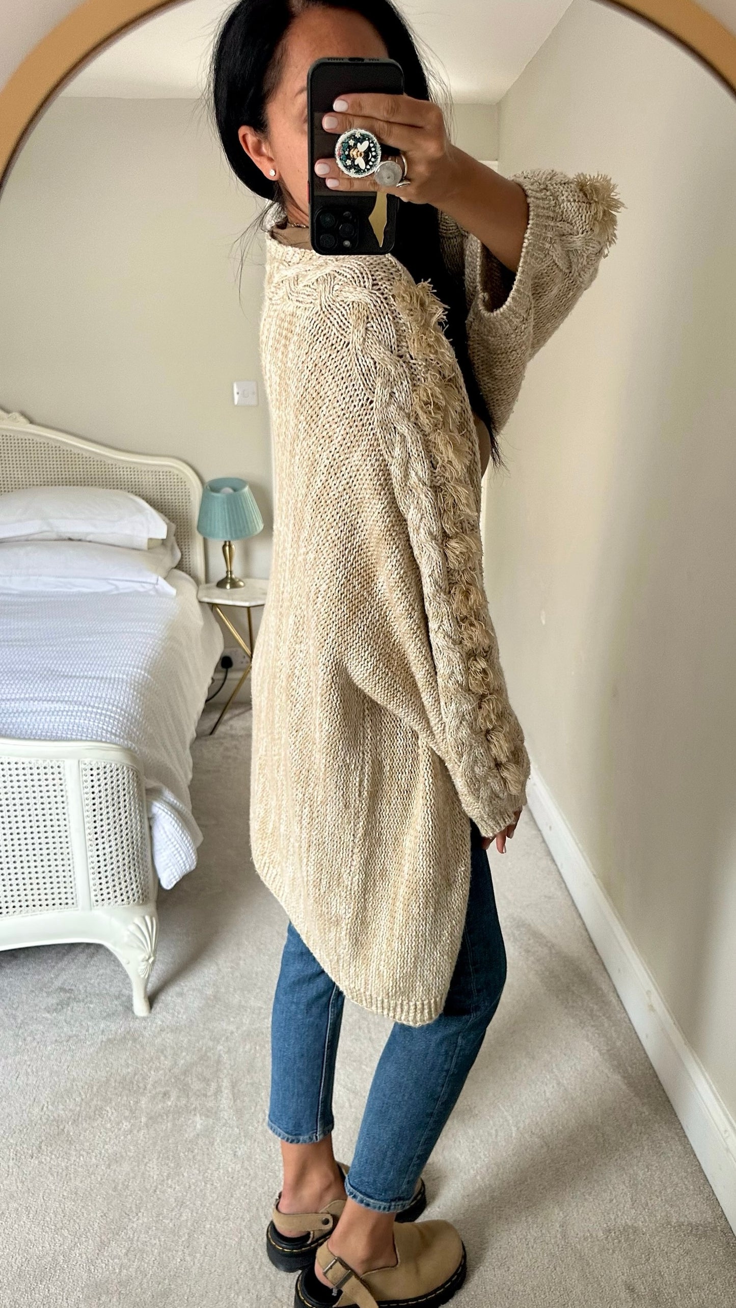 Anthropologie beige caramel boho knitted oversized longline cardigan large UK 12-14 vgc w25