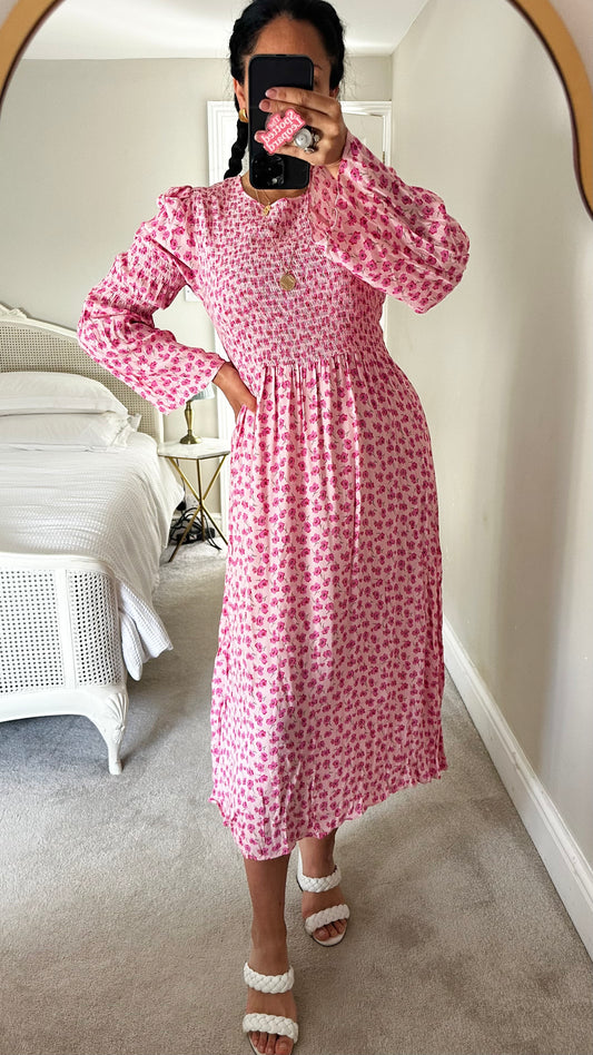 Kitri rose pink floral maxi midi dress event holiday medium UK 14 vgc