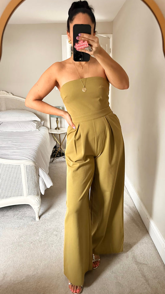 Pretty Lavish khaki green jumpsuit playsuit strapless small UK 10 event holiday excellent condition 💫