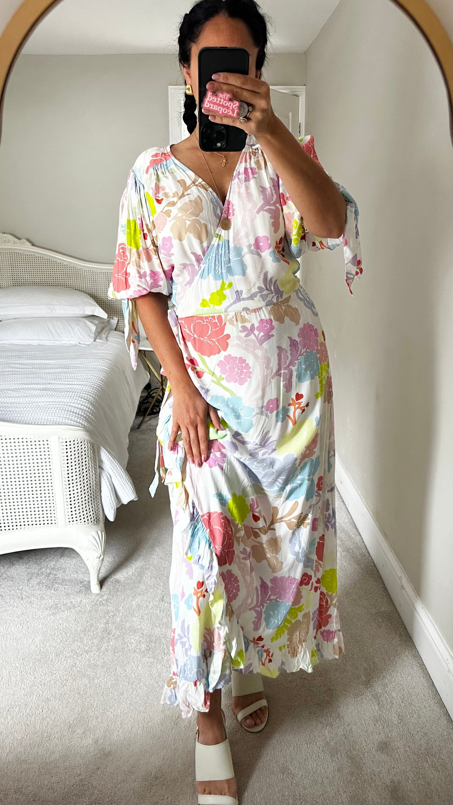 Fabienne Chapot blue yellow floral event wedding guest dress medium large UK 14-16 vgc