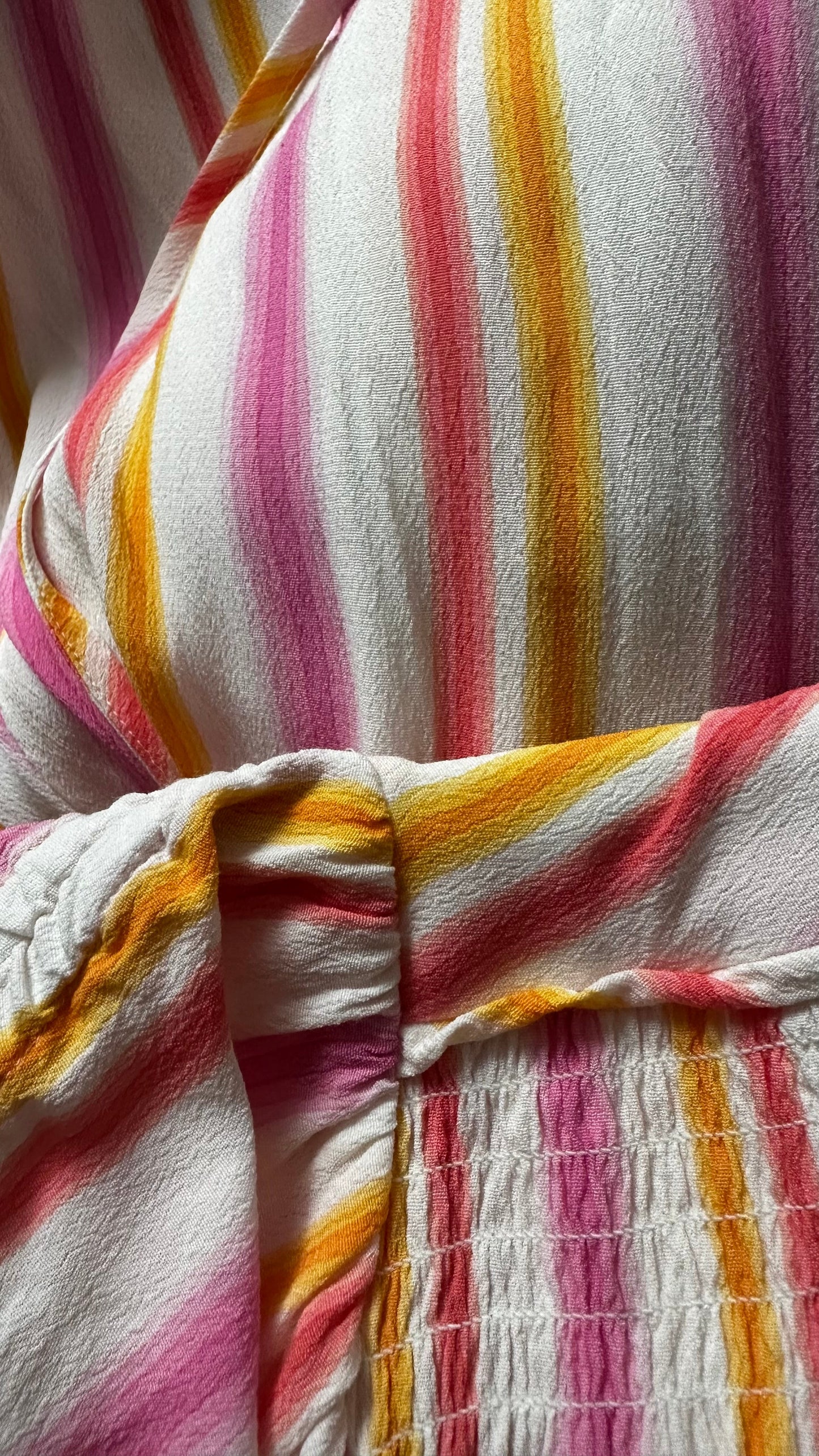 Oliver Bonas white pink orange stripe midi long wedding guest event dress medium UK 14 vgc