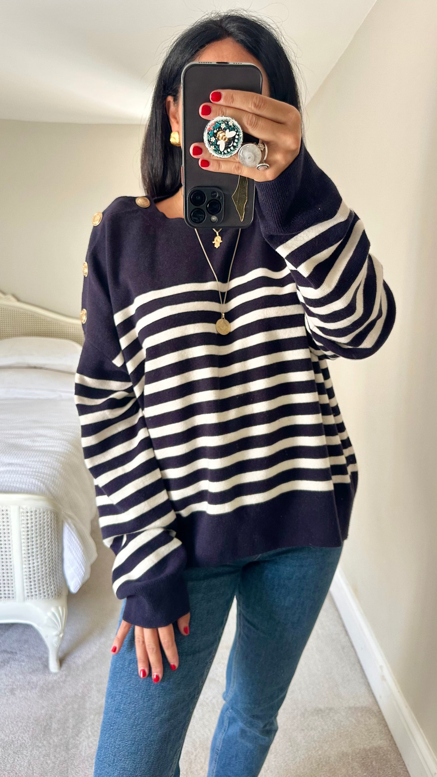 & other stories navy blue white stripe wool blend knitted jumper extra large UK 14 new bnwot w25
