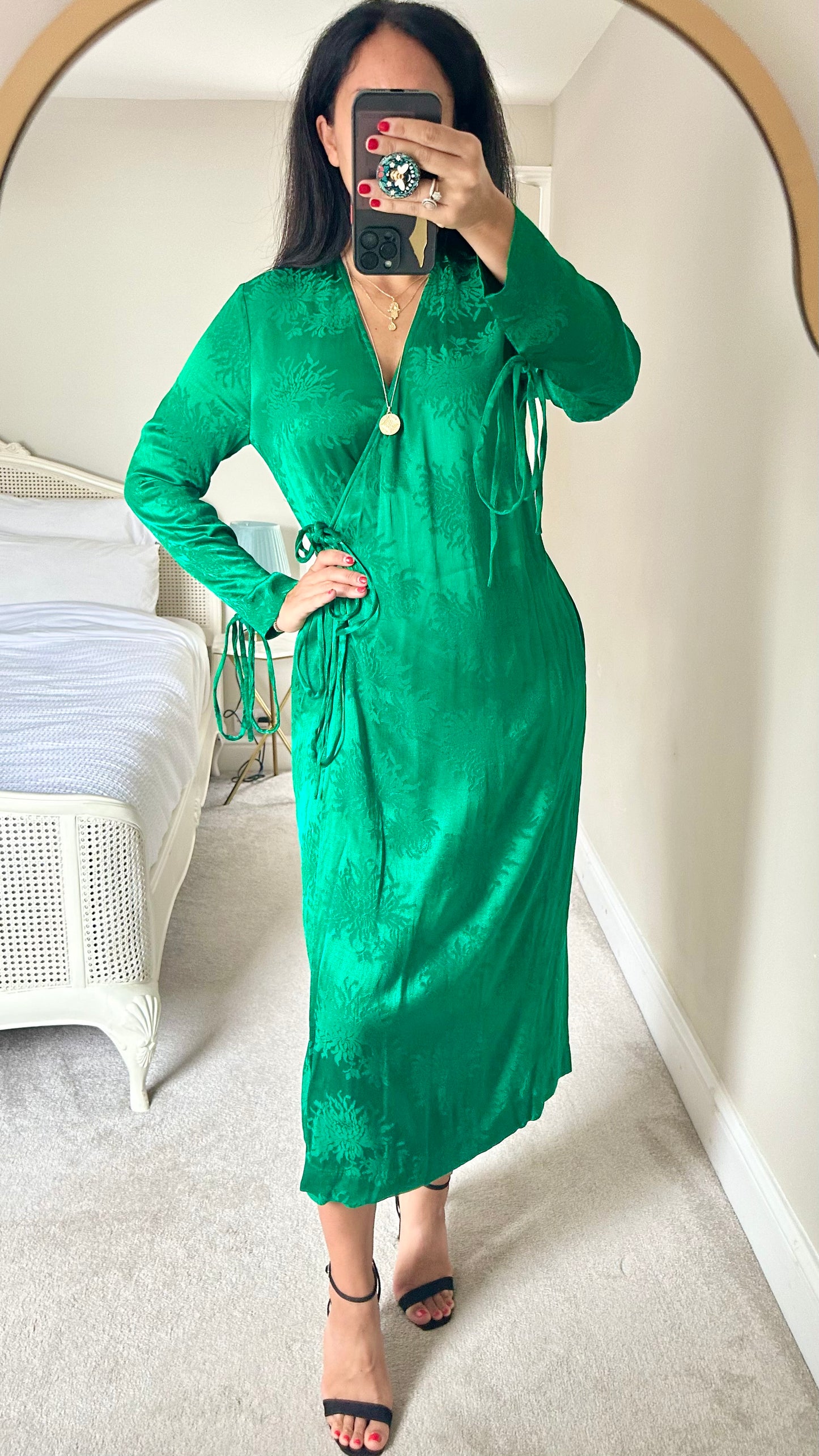 Kitri emerald green satin feel midi wrap event dress medium UK 10-12 vgc