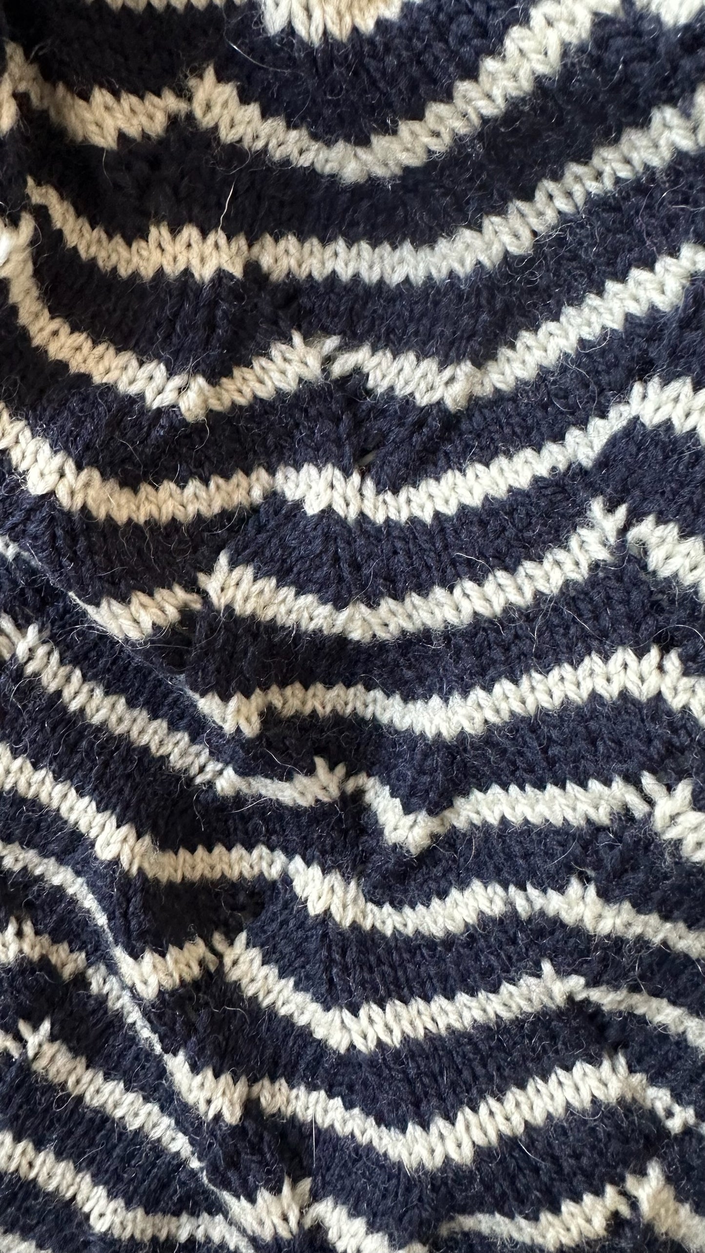 Second female navy blue white wave print stripe knitted jumper pure wool large UK 12 vgc w25