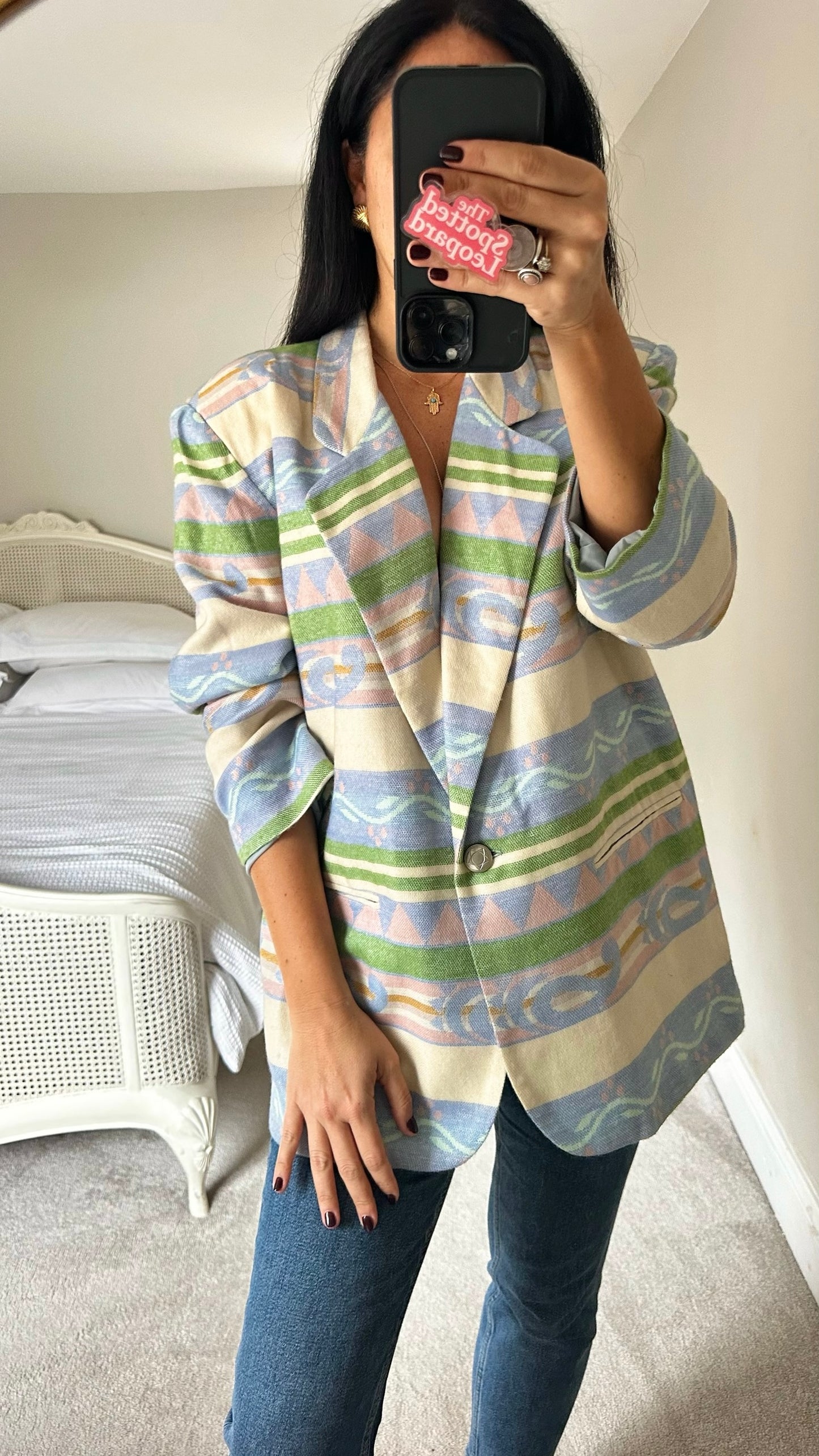 Blassport light blue cream pink Aztec print vintage blazer extra large XL UK 14 excellent used condition