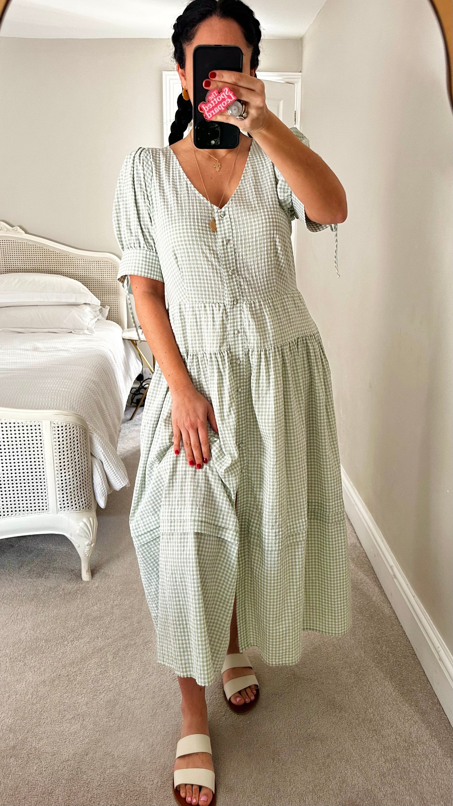 Oliver Bonas light green white gingham check button up holiday sun dress extra small medium UK 6-8 12-14 vgc