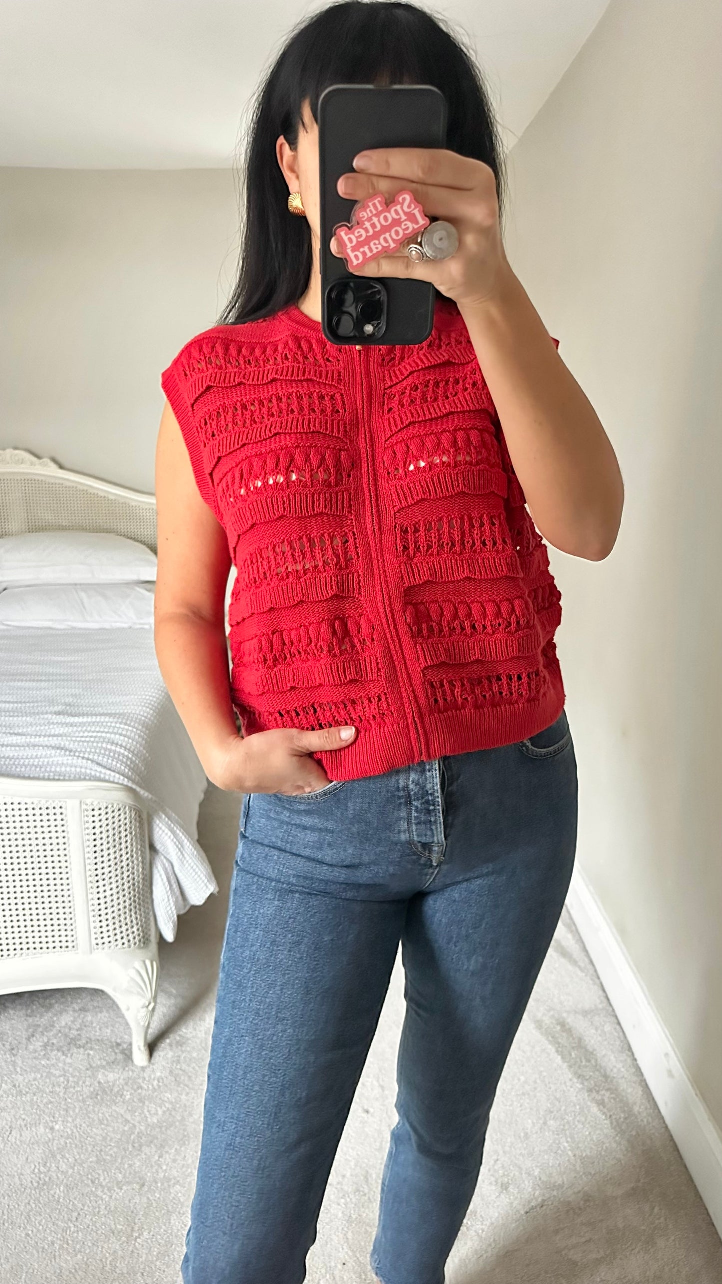 Oliver Bonas red knitted waistcoat top jumper medium UK 14 vgc