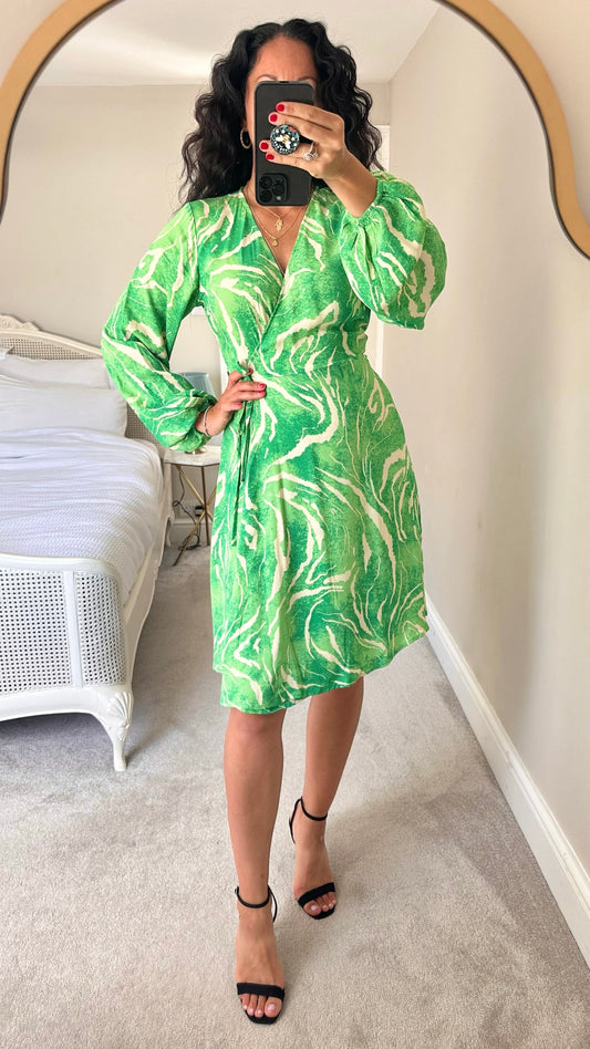 Selected femme @Anthropologie green white ripple print wrap long sleeve mini midi dress extra small XS UK 6 8 vgc