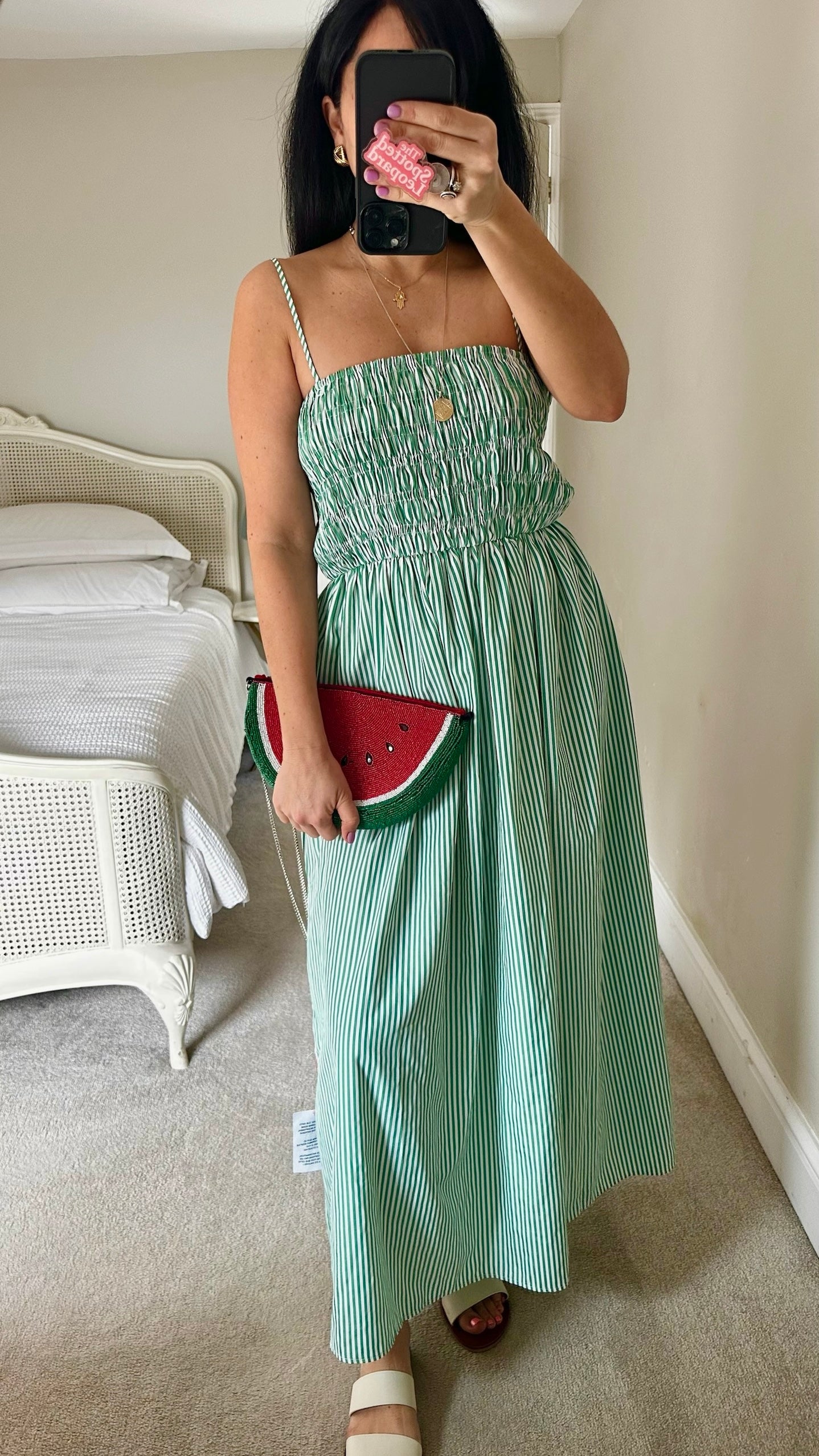 Topshop green white stripe shirred bust midi sundress UK 12-14 vgc