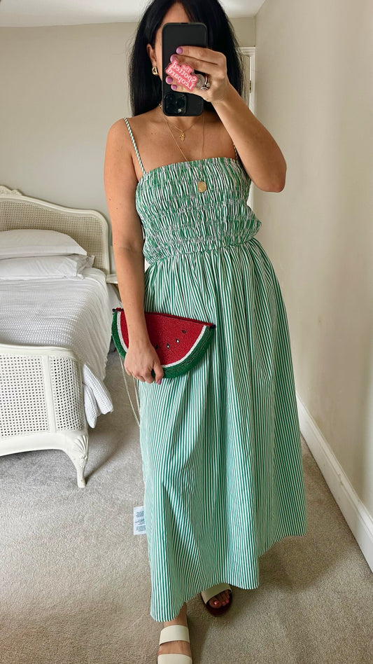 Topshop green white stripe shirred bust midi sundress UK 12-14 vgc