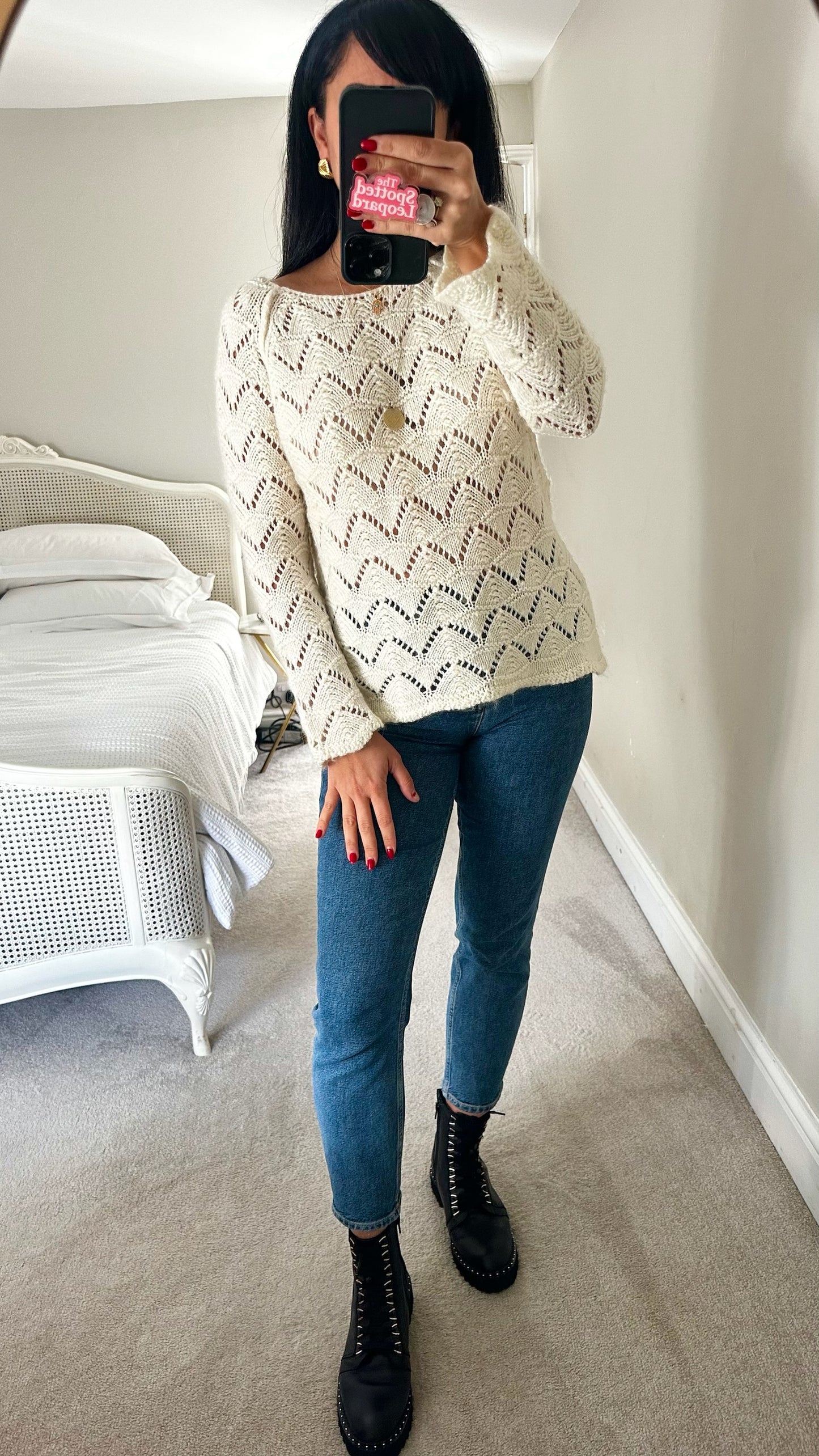 Weird fish cream white mohair wool blend crochet knit jumper UK 12 vgc XMS25