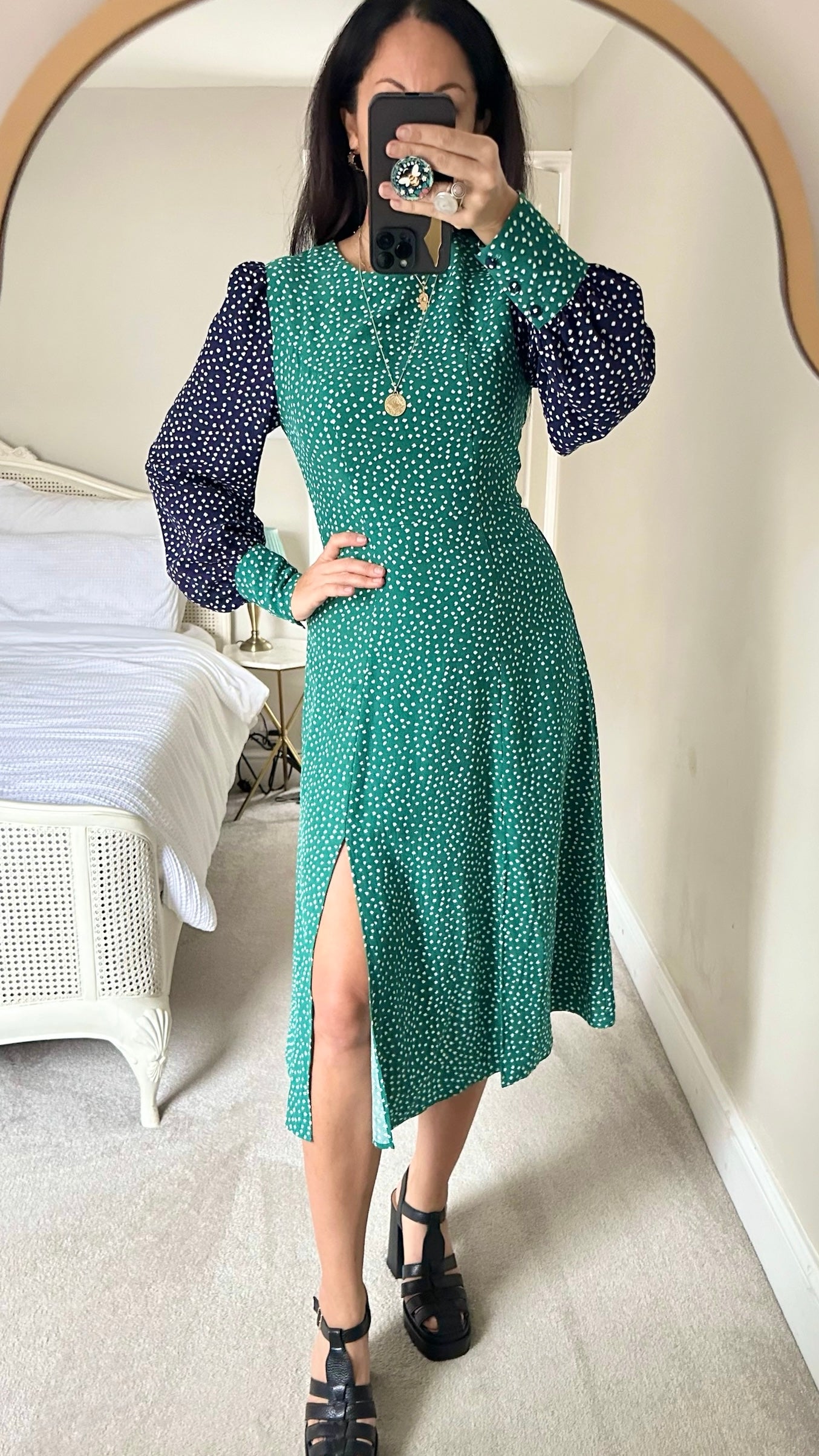 Kitri navy blue green polka dot double split midi dress small S UK 8 vgc