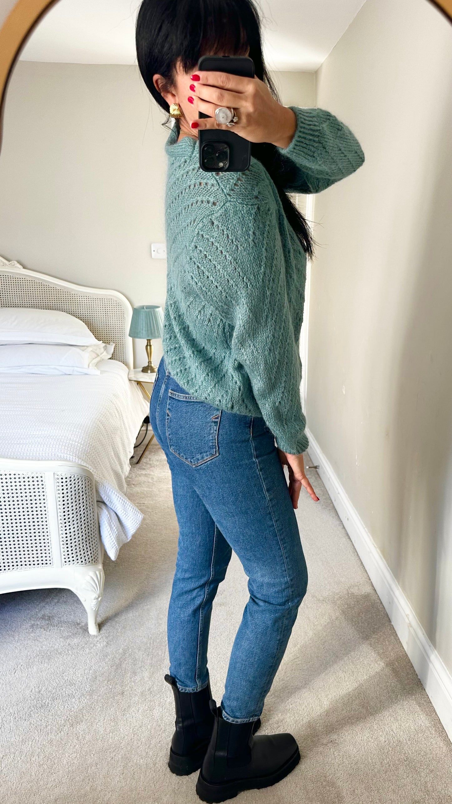 Maelys teal turquoise blue crotchet knit mohair blend button up cardigan medium large ML UK 10-12 excellent used condition
