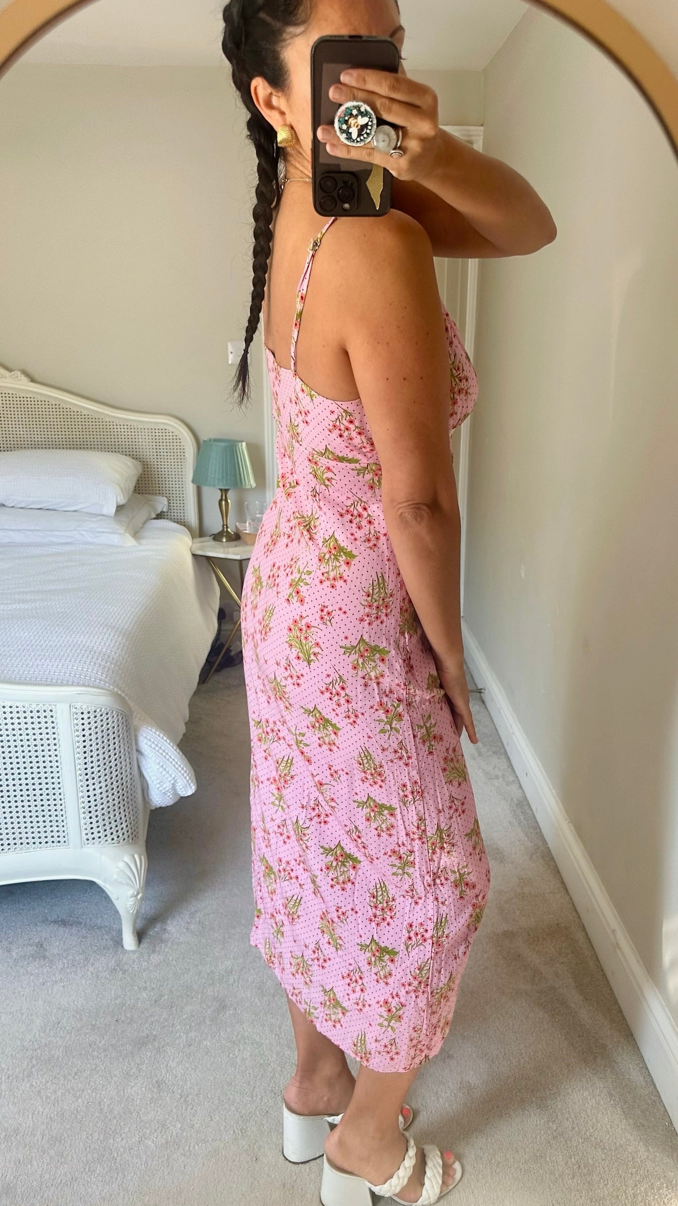 Y.A.S light pink polka dot floral print midaxi slip dress holiday large L UK 12 vgc