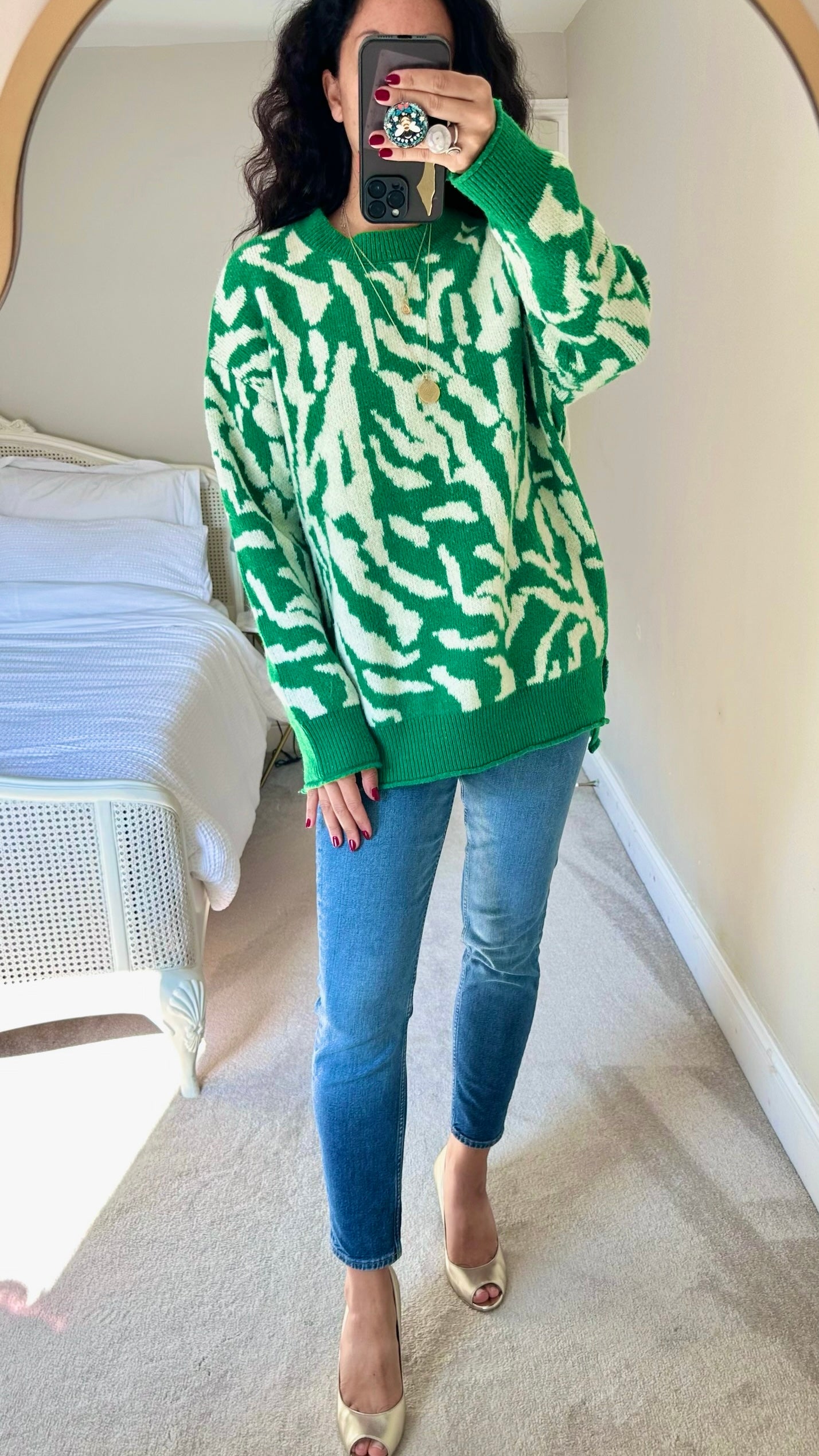 Mango green white abstract print oversized wool blend jumper small UK 8 10 vgc