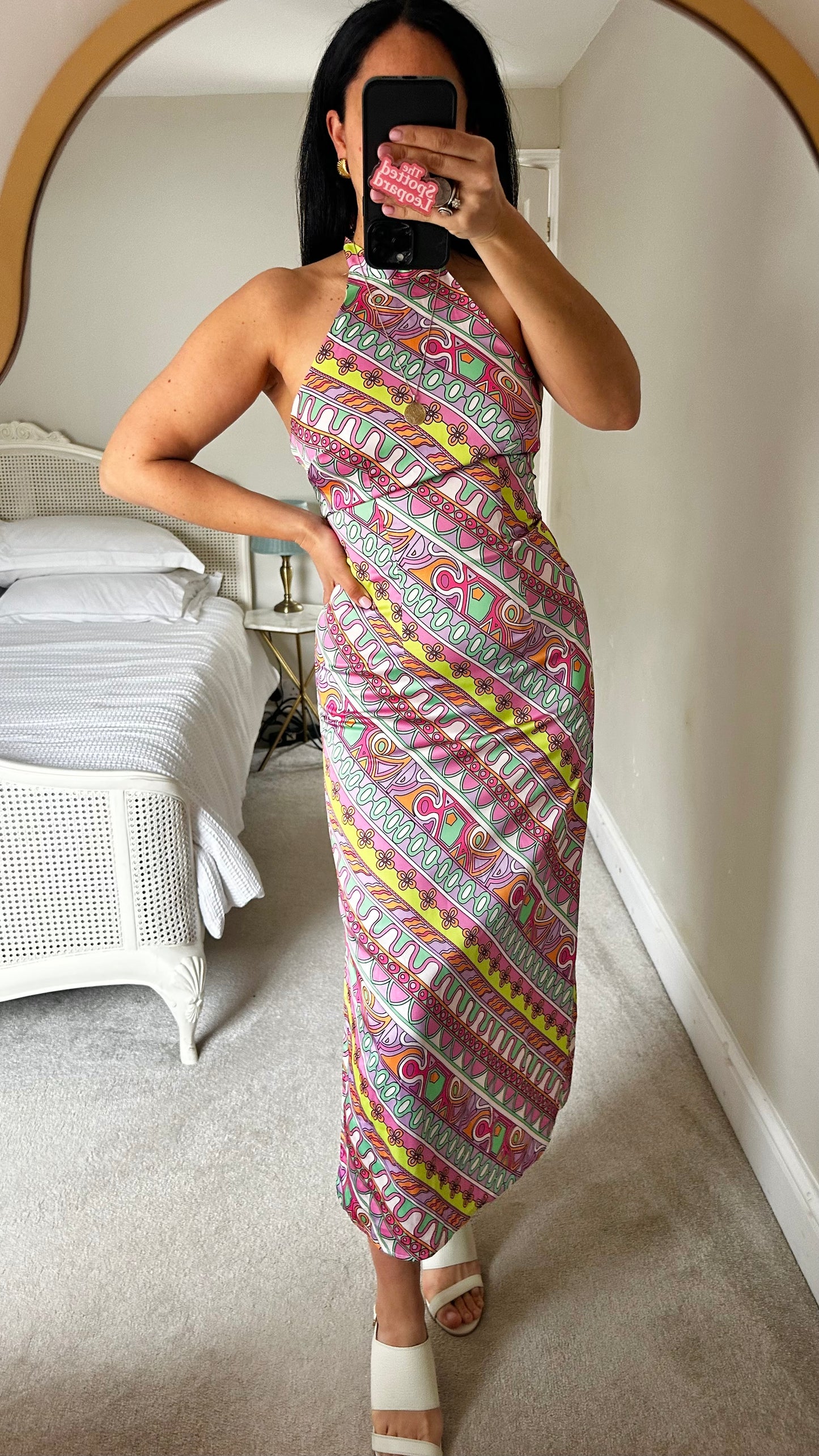 Warehouse pink green halterneck holiday dress side split small UK 8 vgc