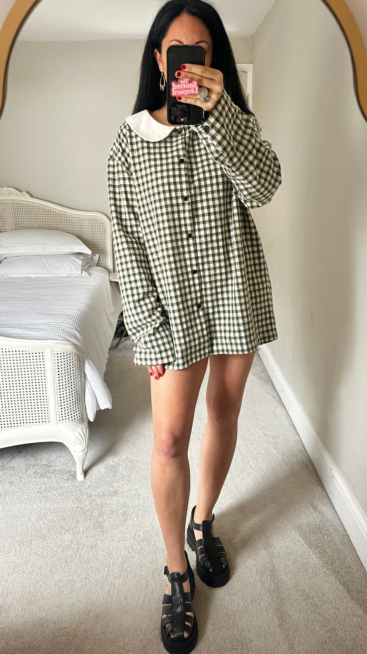Sister Jane khaki green cream check gingham shirt dress mini medium UK 12