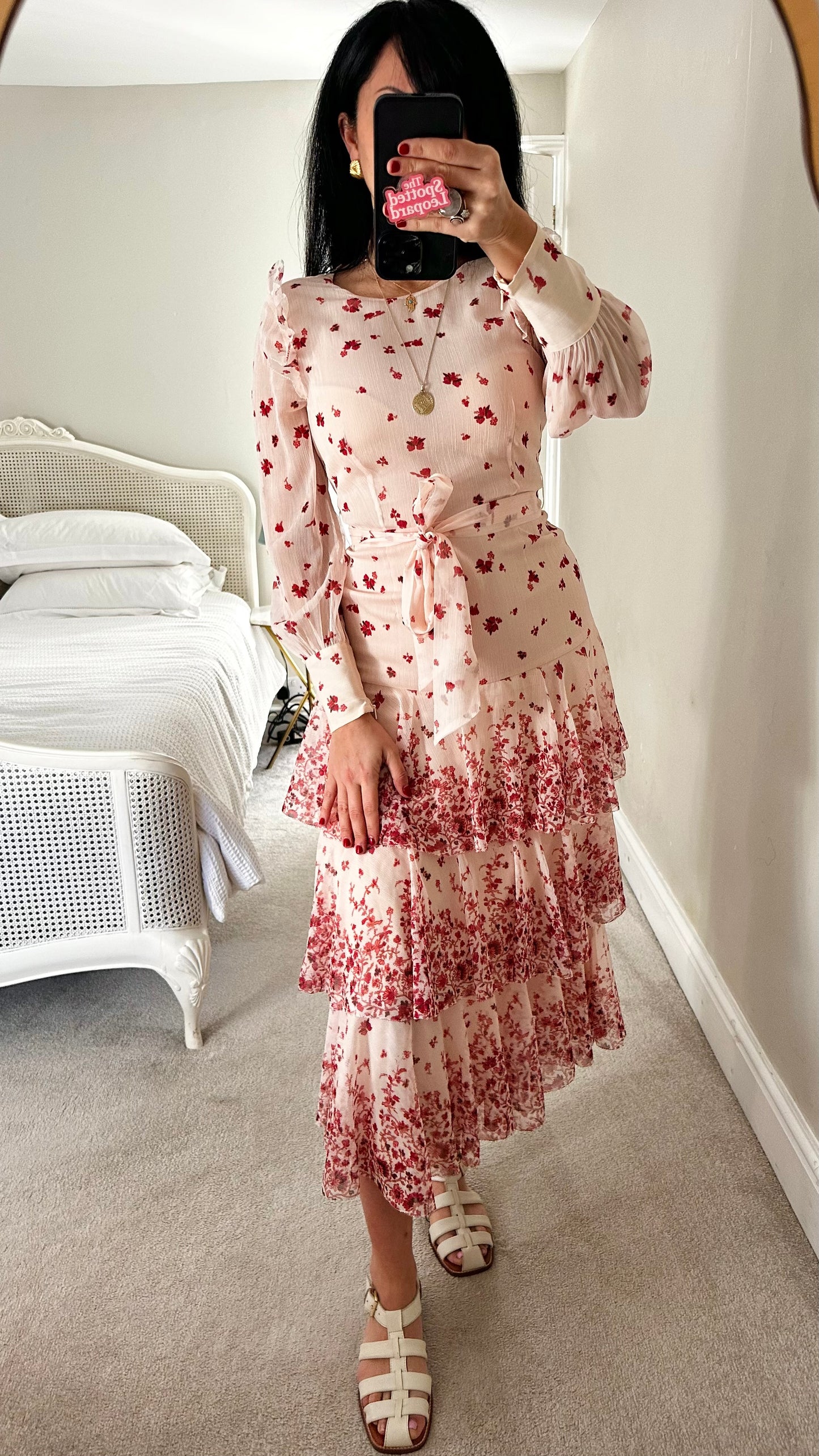 Whistles rose pink burgundy floral tiered midi long wedding guest dress small UK 8 vgc