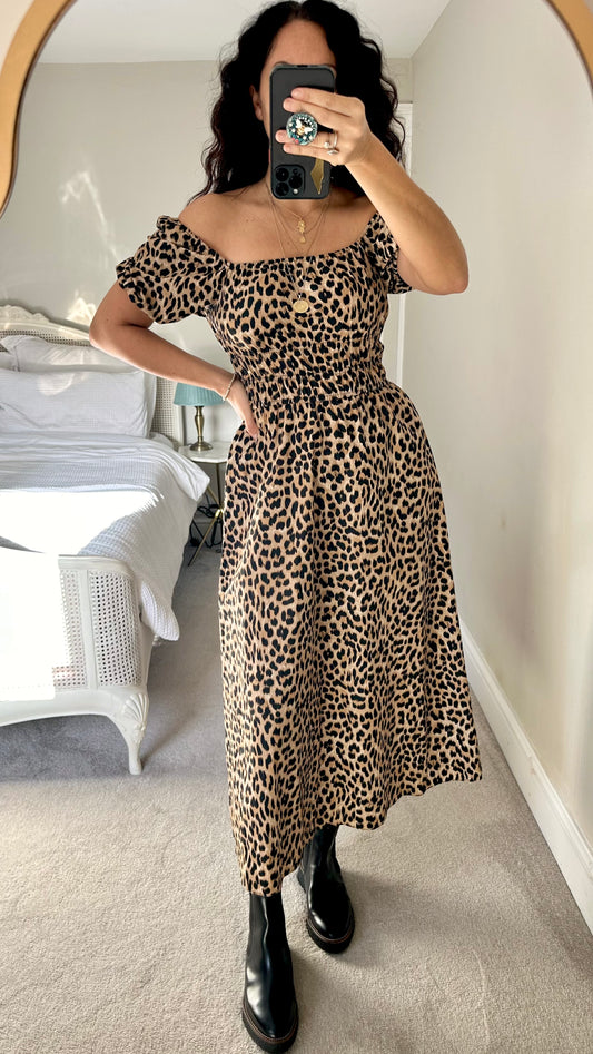 Albaray animal leopard print off shoulder long dress small UK 8 vgc