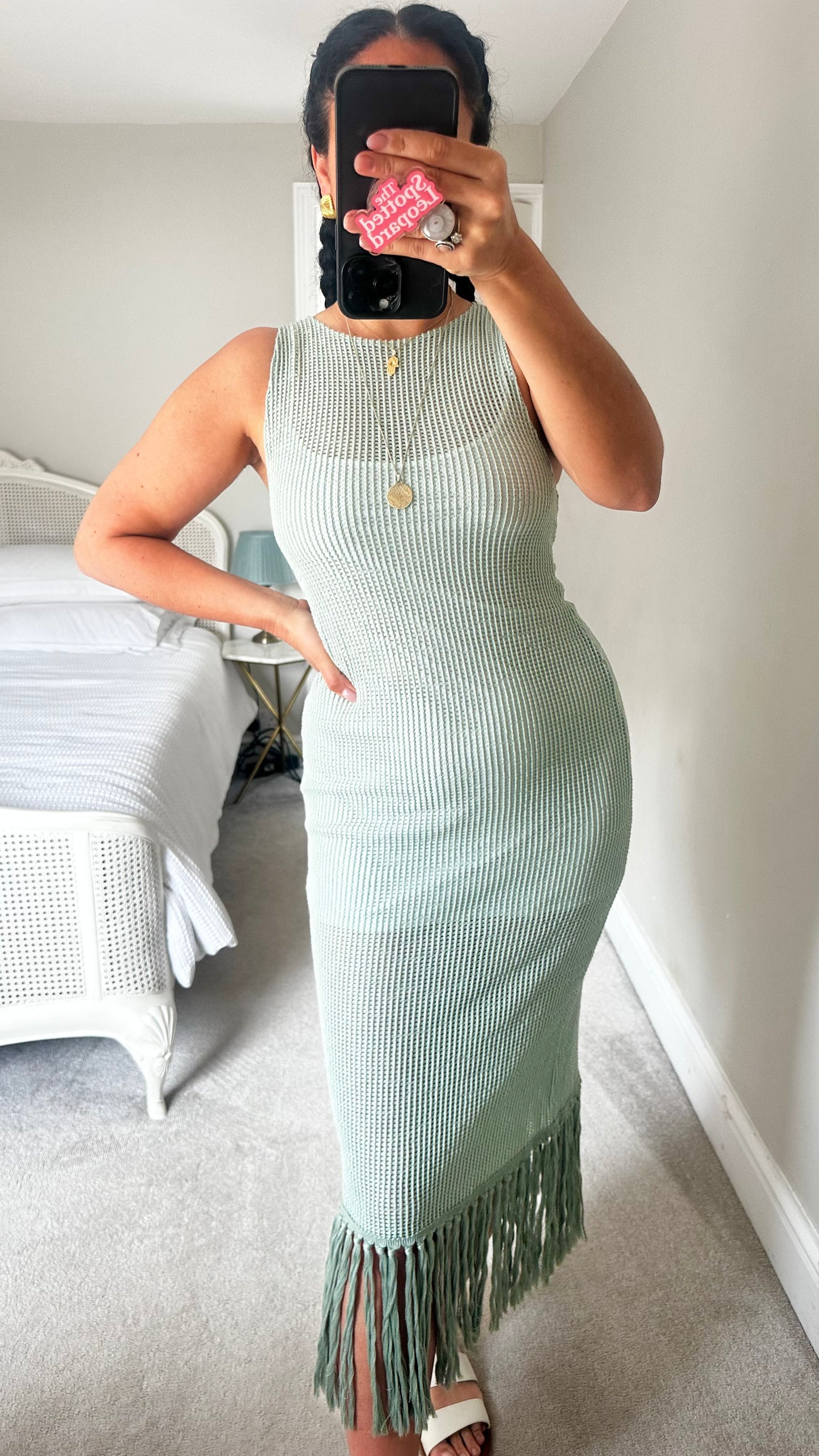 Zara light green mesh net midi tassel dress small UK 8-10 vgc boho