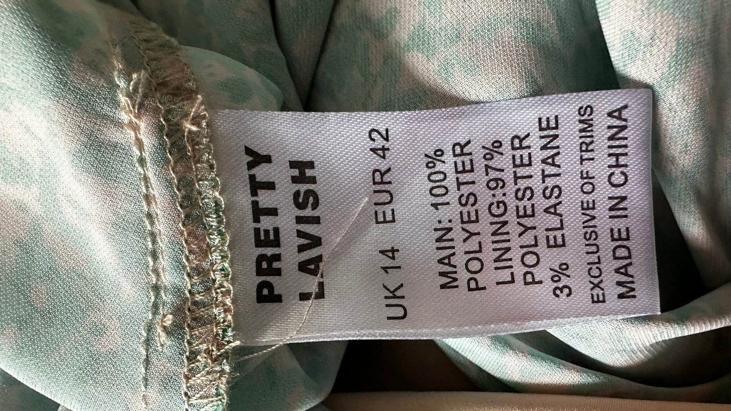 Pretty Lavish turquoise mint green splatter tiered long maxi wedding guest event dress UK 14 medium vgc