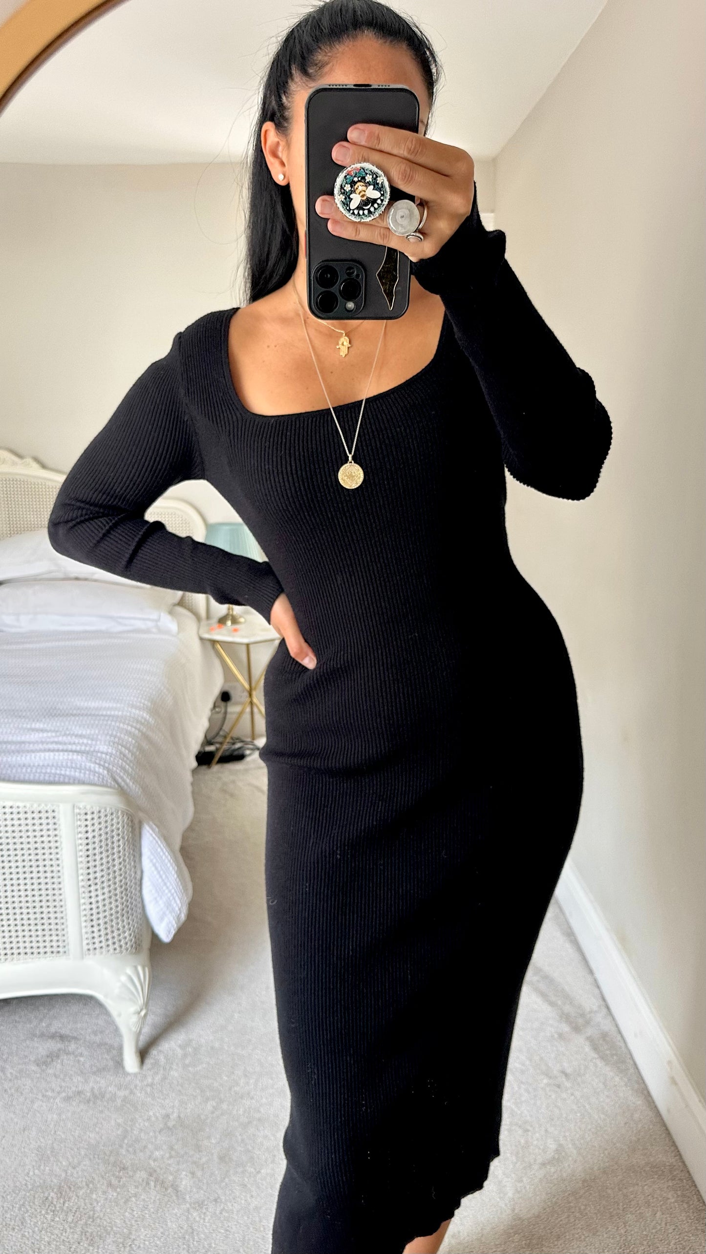 Nobody’s Child black ribbed knitted midi jumper dress large UK 12 vgc w25