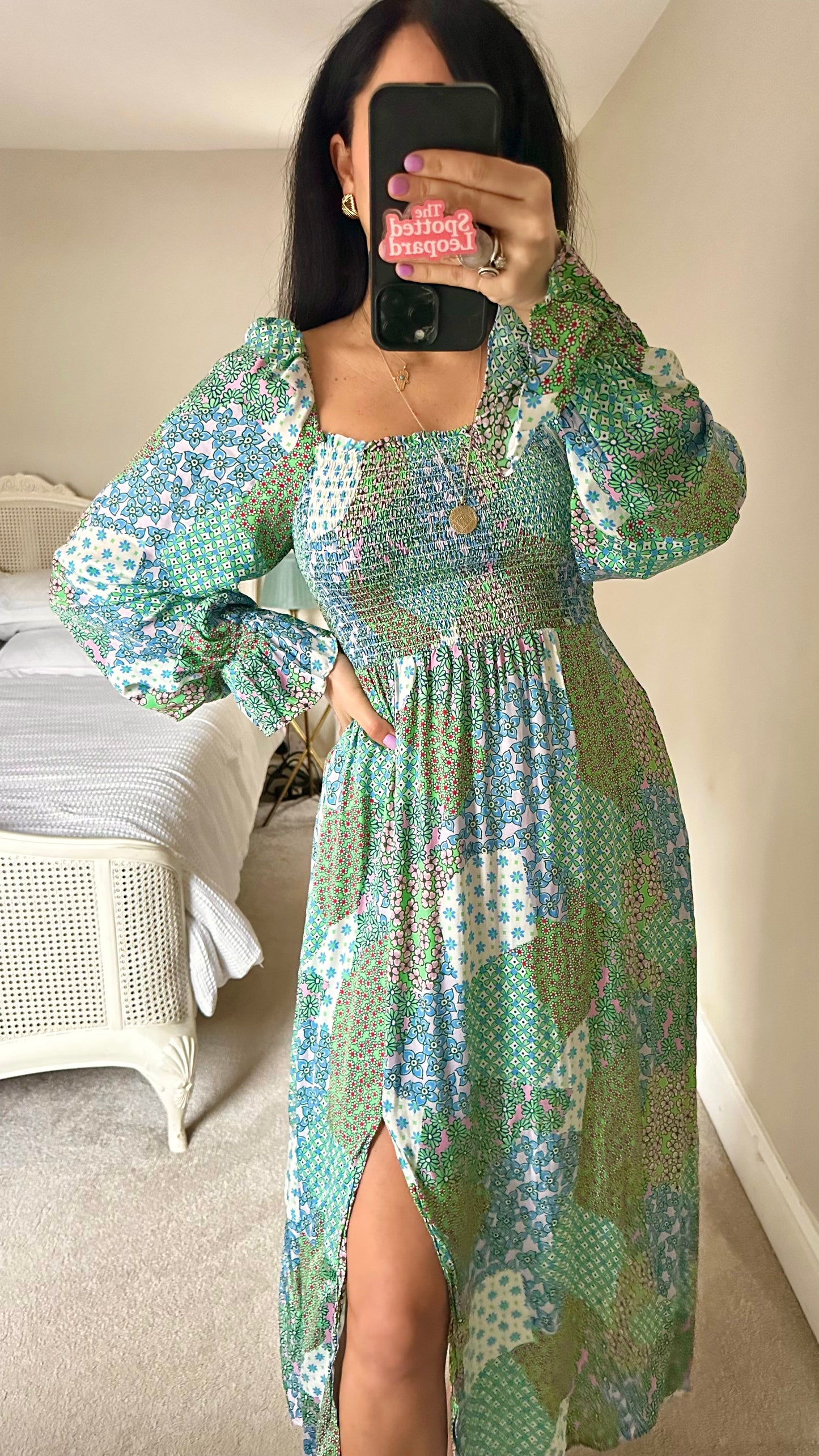 Kitri blue green printed shirred boho side split midi long dress medium UK 12-14 vgc