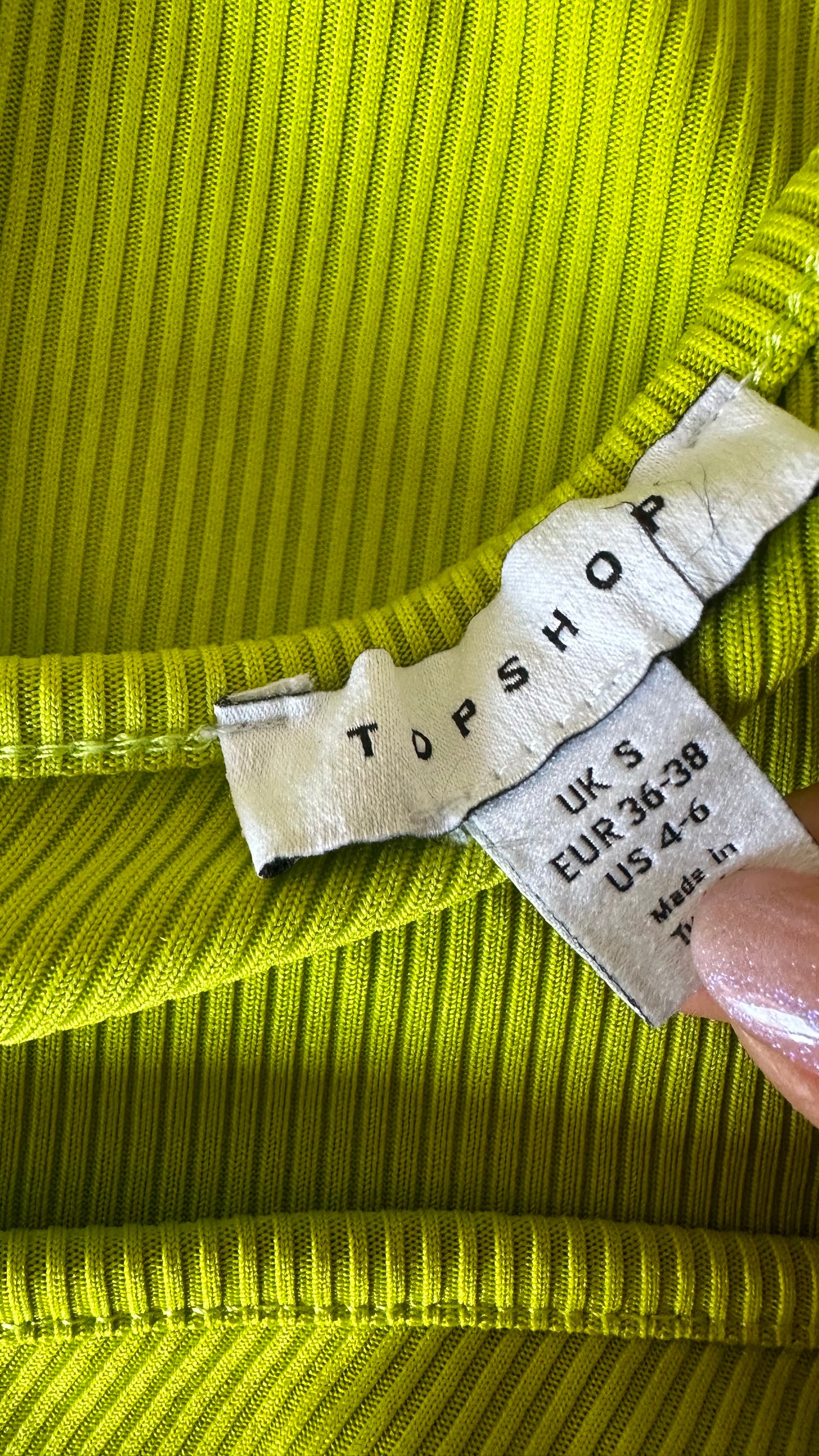 Topshop lime green acid ribbed midi long asymmetric dress small UK 10 vgc