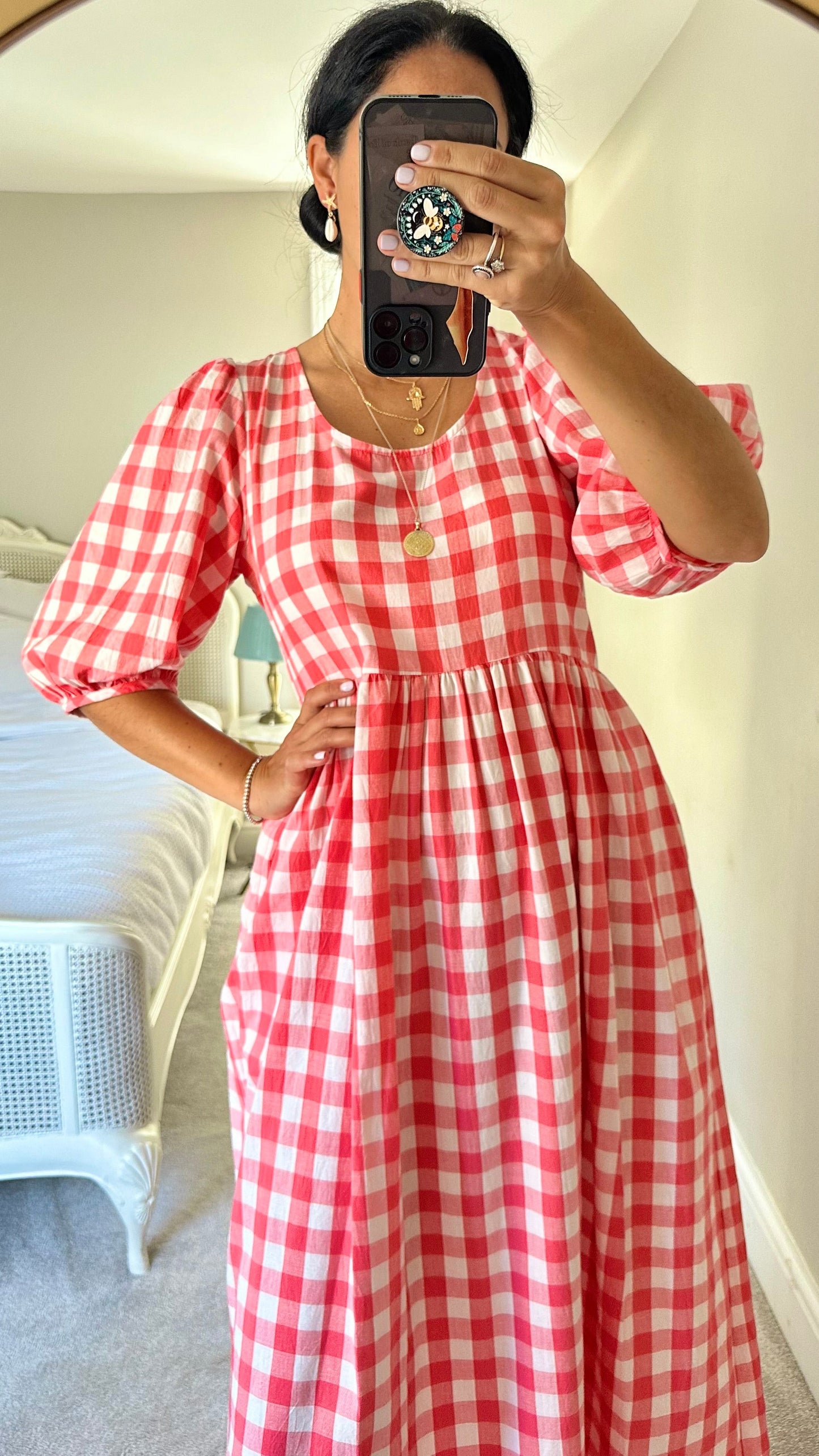 Albaray pink white gingham check midi puff sleeve dress medium UK 10 long vgc