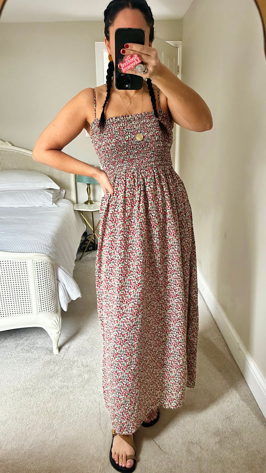 & other stories red green floral holiday midi maxi dress small UK 8 10 12 vgc