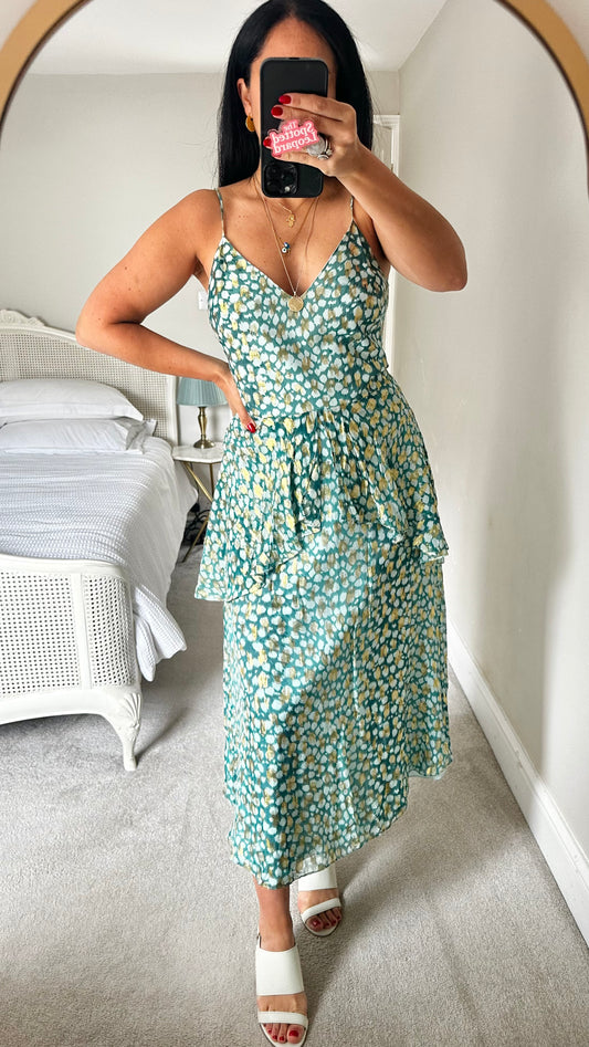 Whistles turquoise green gold strappy event midi dress medium UK 12 vgc