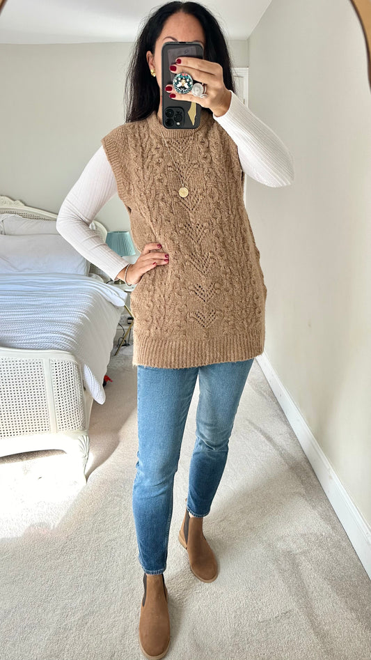 Warehouse beige brown knitted waistcoat tank top vest jumper large UK 12 vgc