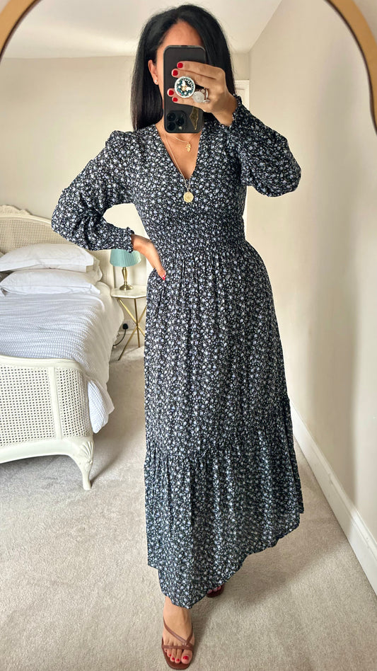 & other stories black blue floral prairie maxi midi long dress small UK 6 8 vgc w25