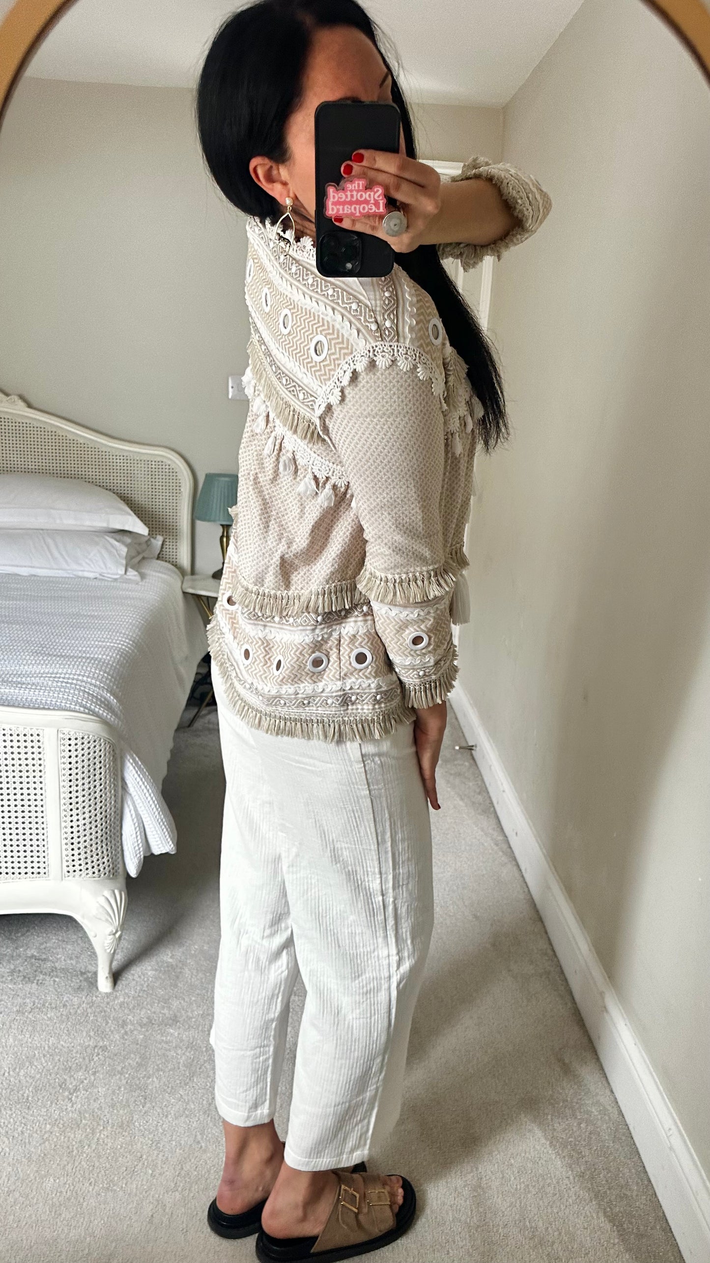 Dodo Baror beige cream white tassel co ord two piece suit boho holiday shorts small UK 8 vgc