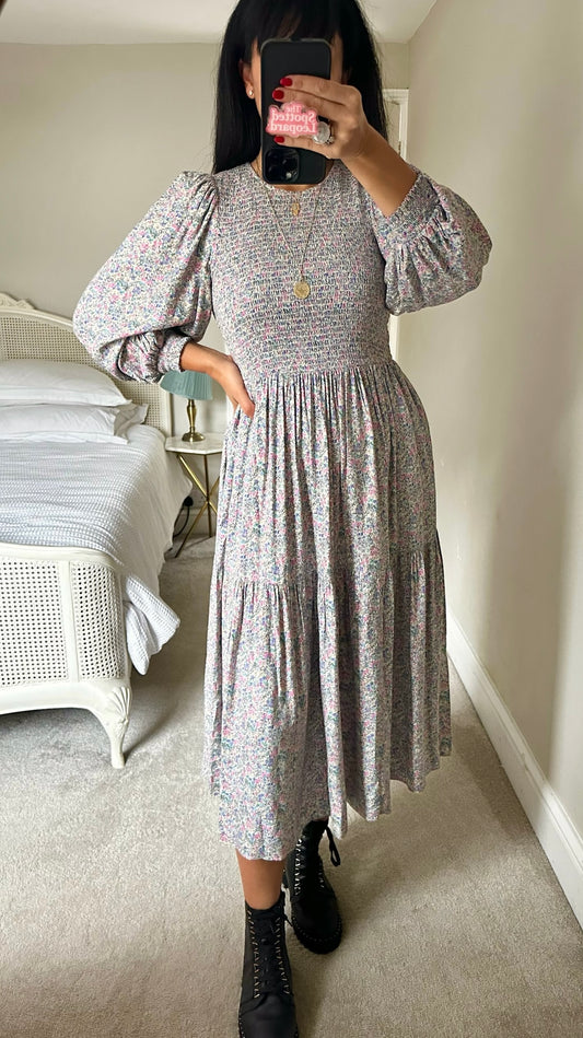 & other stories lilac pink turquoise tiered shirred prairie dress medium UK 10 vgc