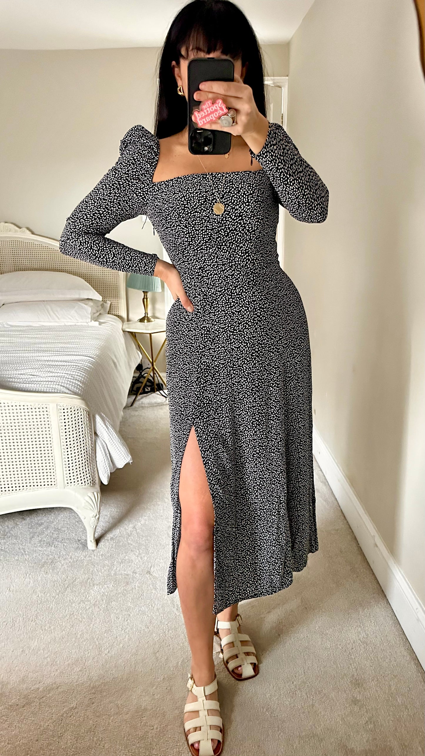 & other stories black white sprinkles print side split midi event day dress small UK 10