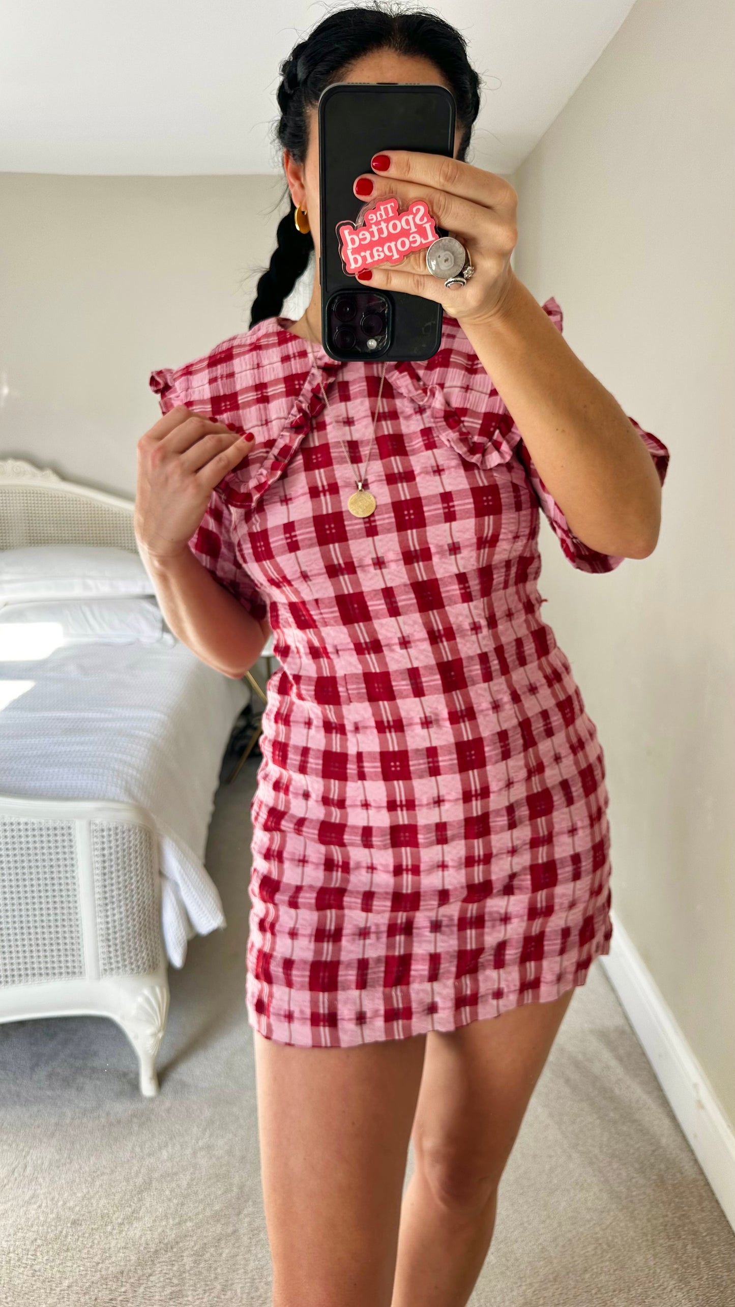 Ghosphell pink red gingham check mini dress small UK 8 petite