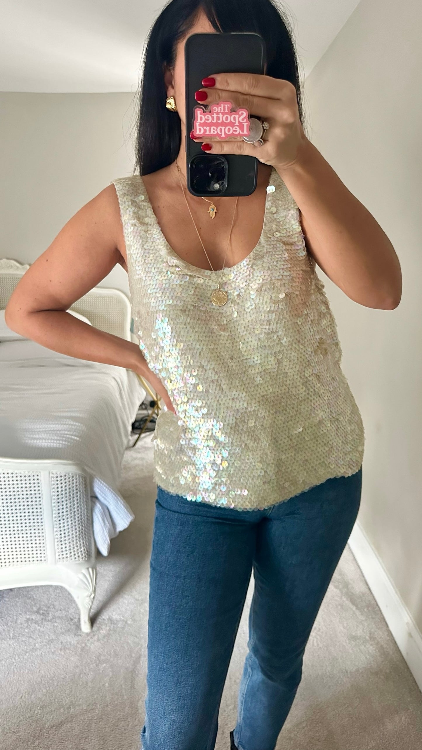 Frank usher vintage iridescent sequin cream multicolour party event top UK 14 vgc XMS25