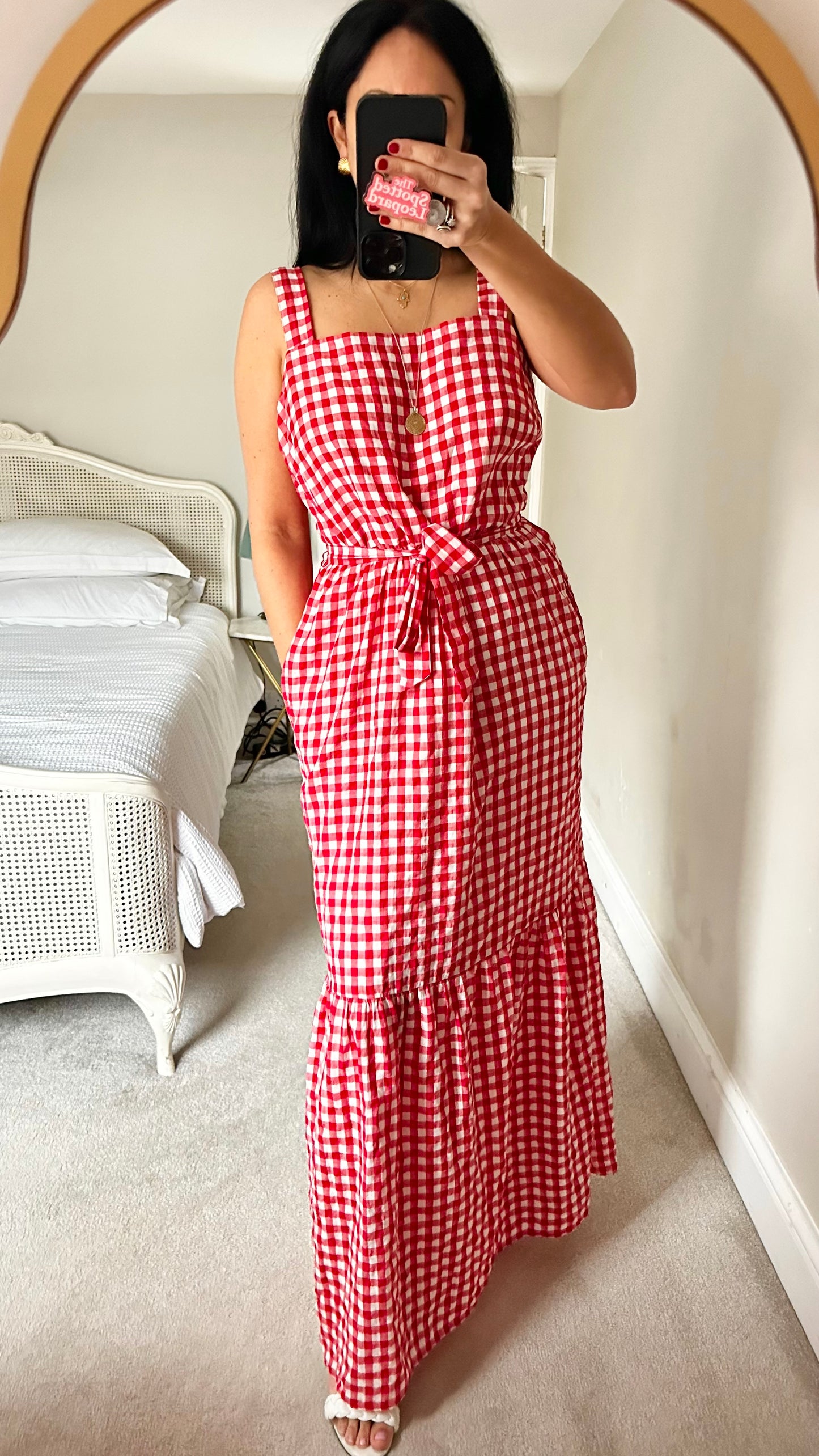 Phase Eight red white gingham check maxi long dress medium UK 14 vgc