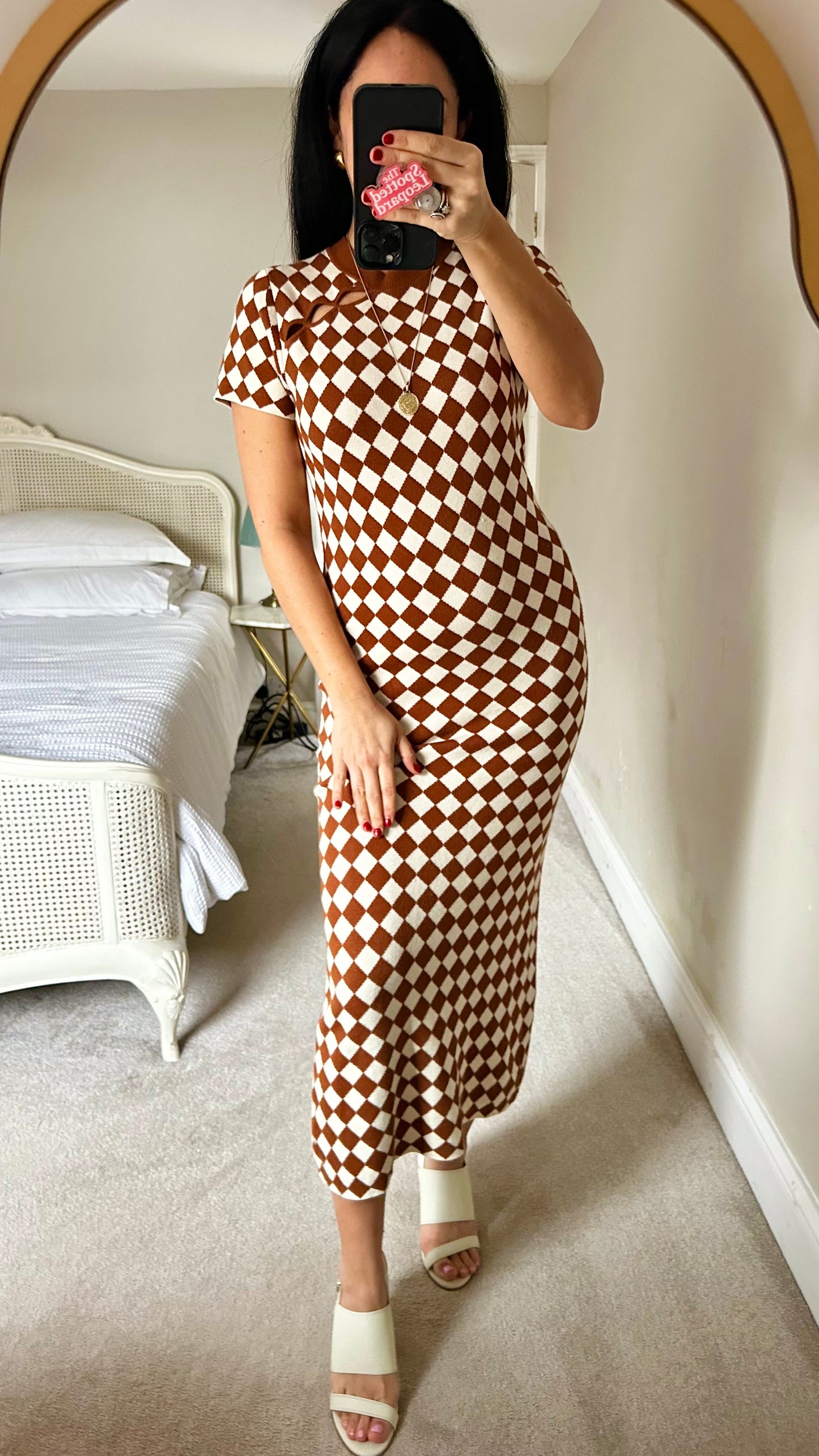 Kitri brown cream checkered midi long dress event large UK 14 vgc