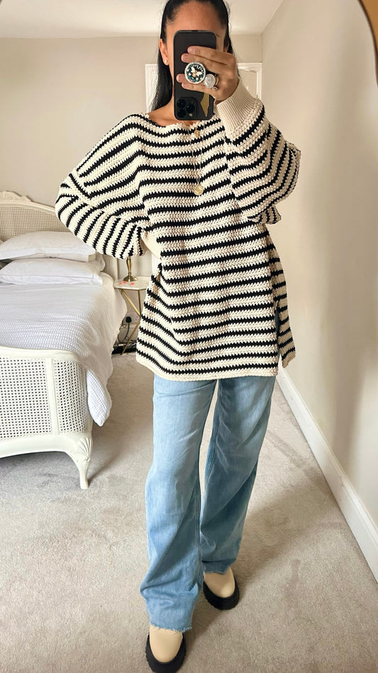 Zara cream black stripe crotchet knit longline jumper dress XL extra large UK 14 vgc W25