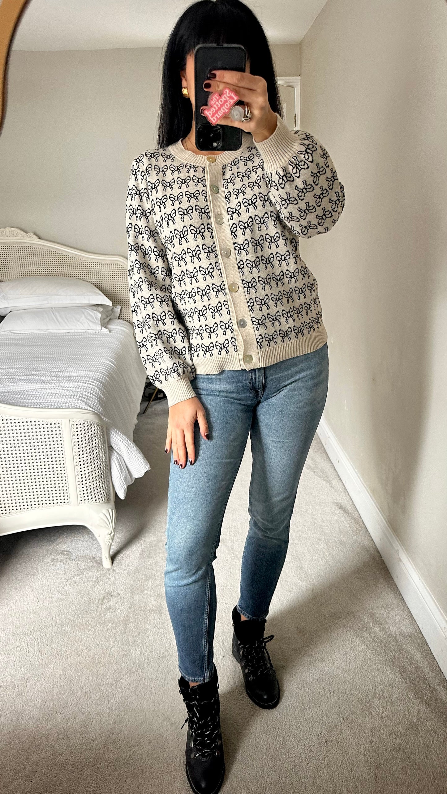 ICHI stone black ribbon bow print jumper cardigan medium UK 12 vgc