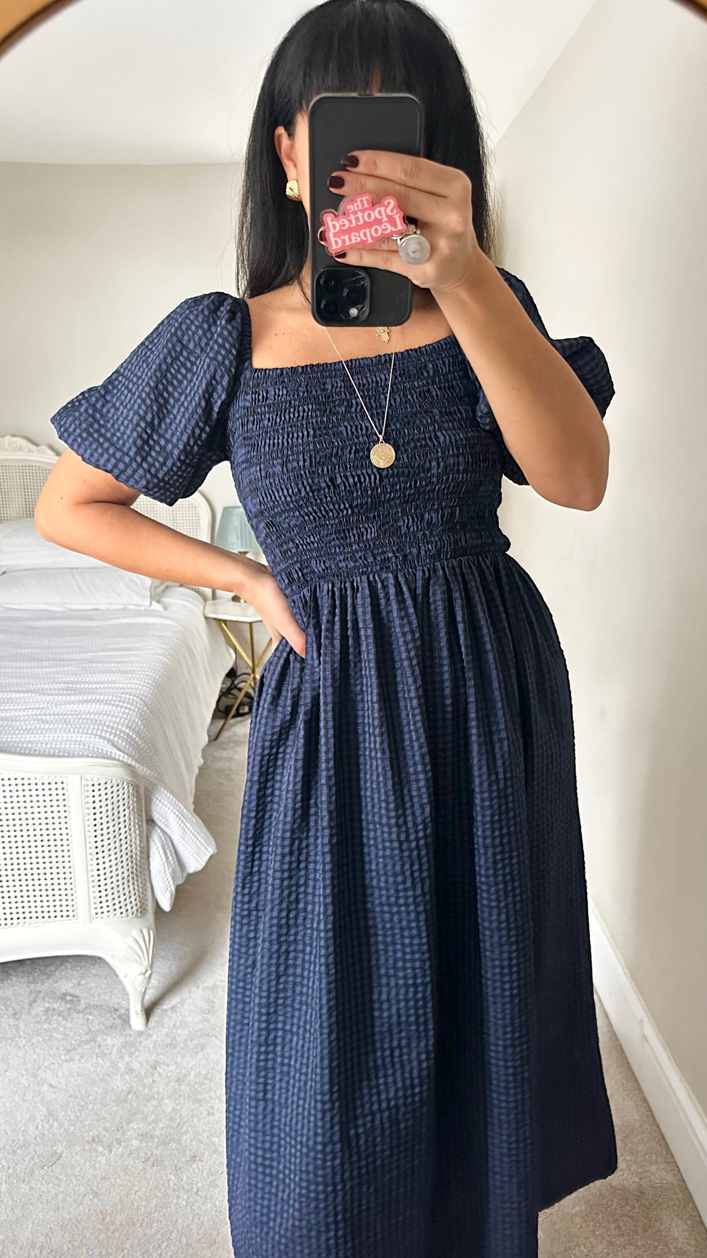 Never Fully Dressed navy blue black gingham shirred bust dress extra large UK 14-16 vgc