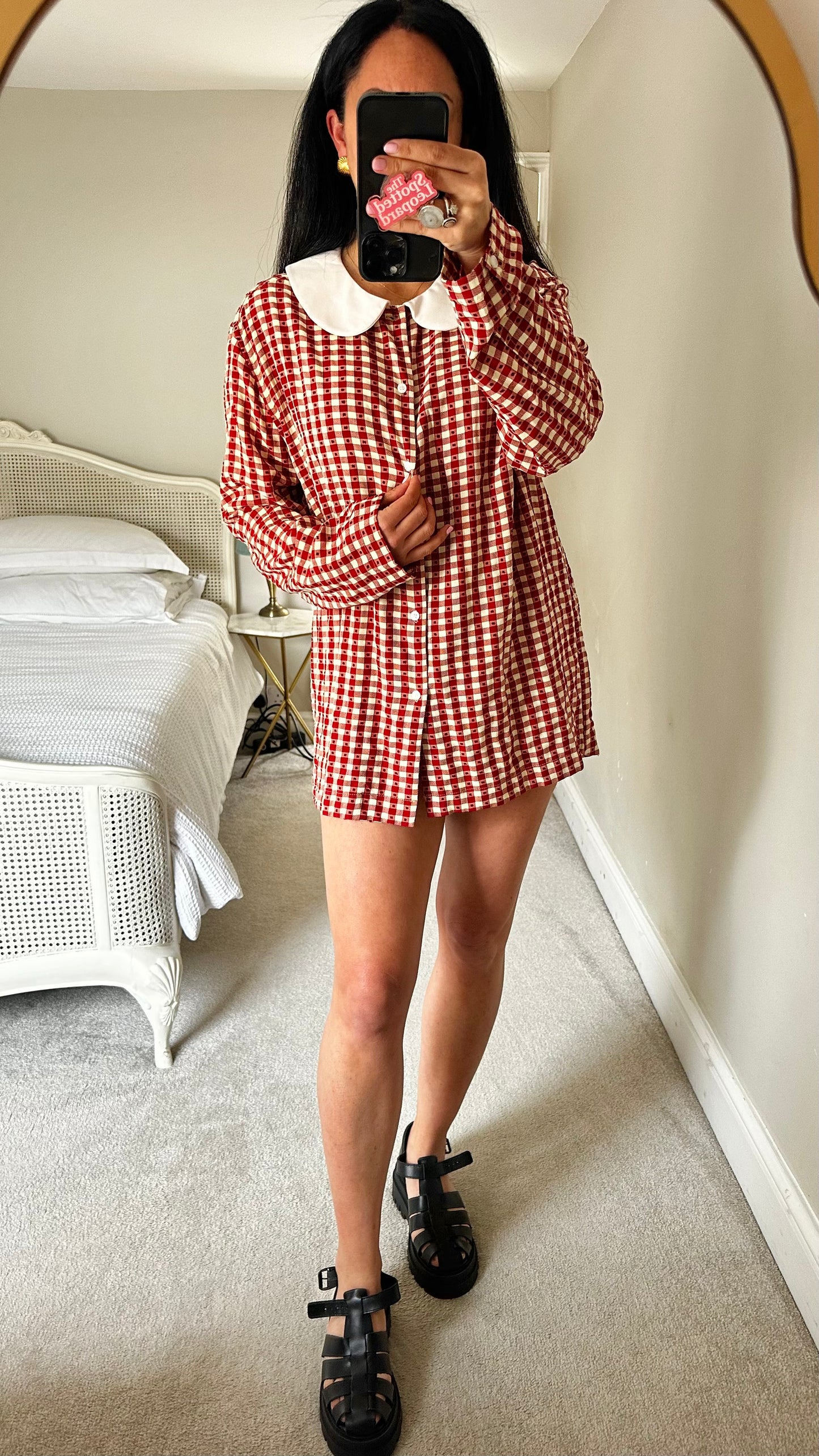 Sister Jane red cream gingham check button up shirt dress petite mini medium UK 12
