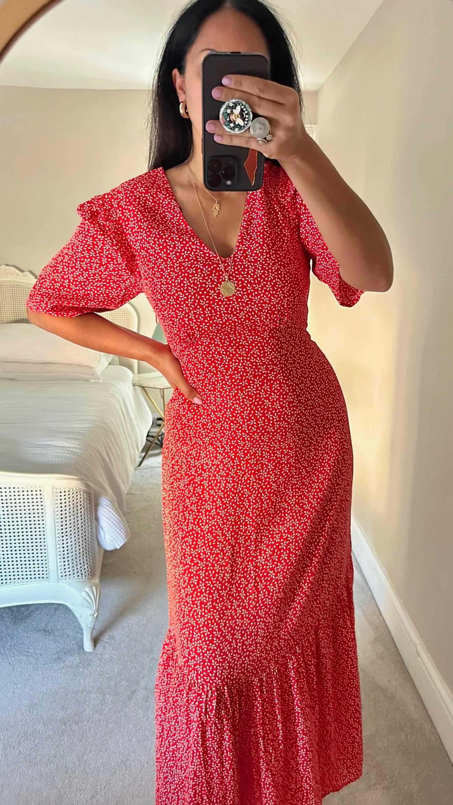 Albaray red ditsy tiered hem maxi dress wedding guest small medium extra large UK 8-10 14 as new condition